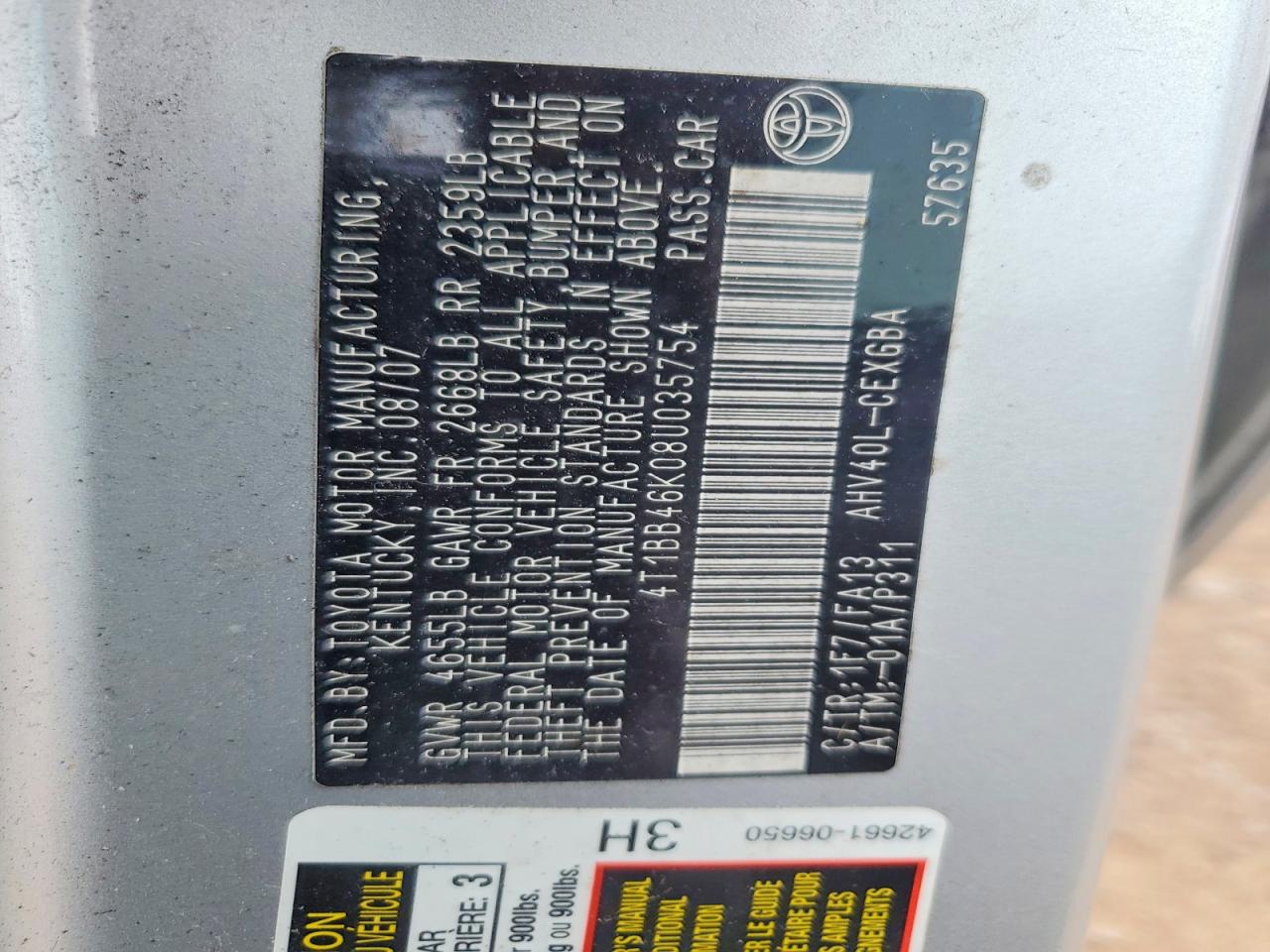 2008 Toyota Camry Hybrid Gray vin: 4T1BB46K08U035754