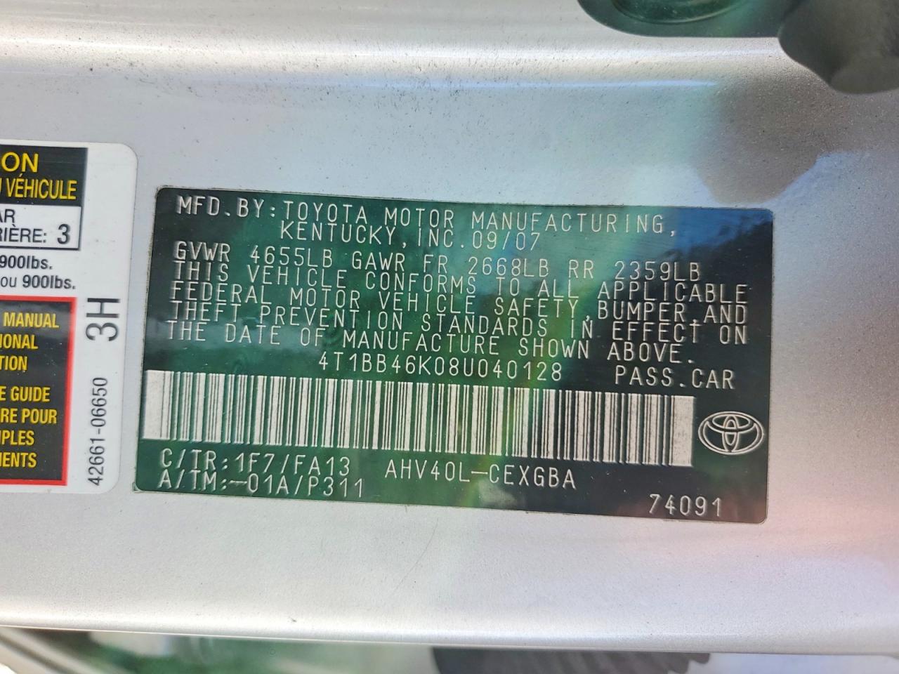 2008 Toyota Camry Hybrid Base Серебряный vin: 4T1BB46K08U040128