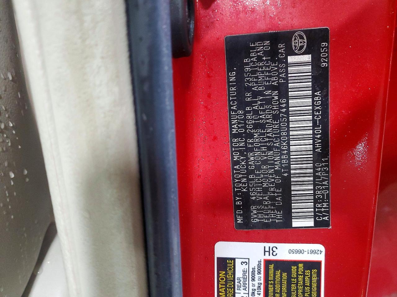 2008 Toyota Camry Hybrid Red vin: 4T1BB46K08U057446