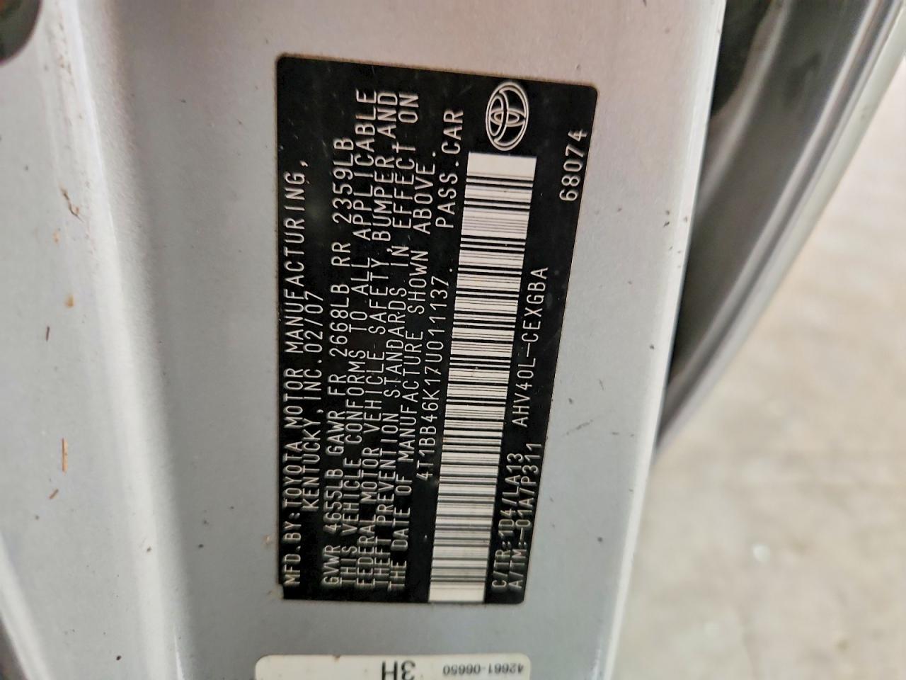 2007 Toyota Camry Hybrid Silver vin: 4T1BB46K17U011137