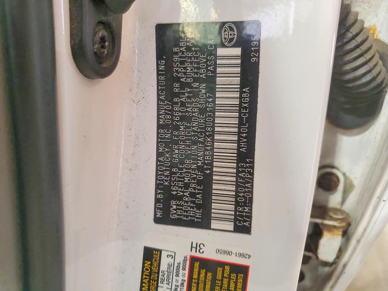 2008 Toyota Camry Hybrid White vin: 4T1BB46K18U031647