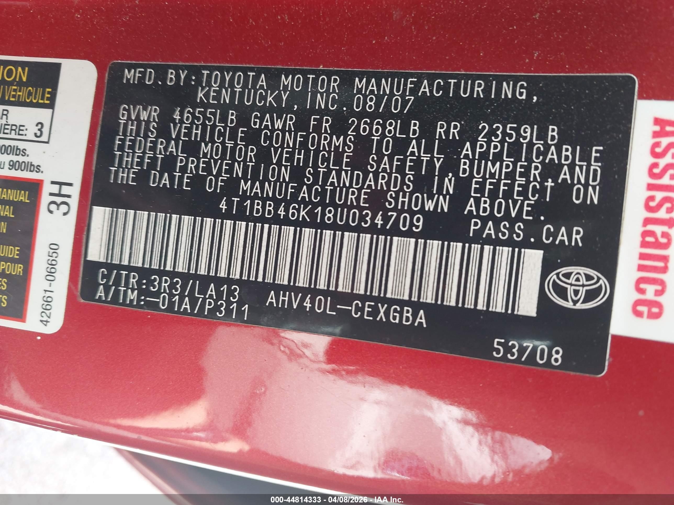 2008 Toyota Camry Hybrid Red vin: 4T1BB46K18U034709