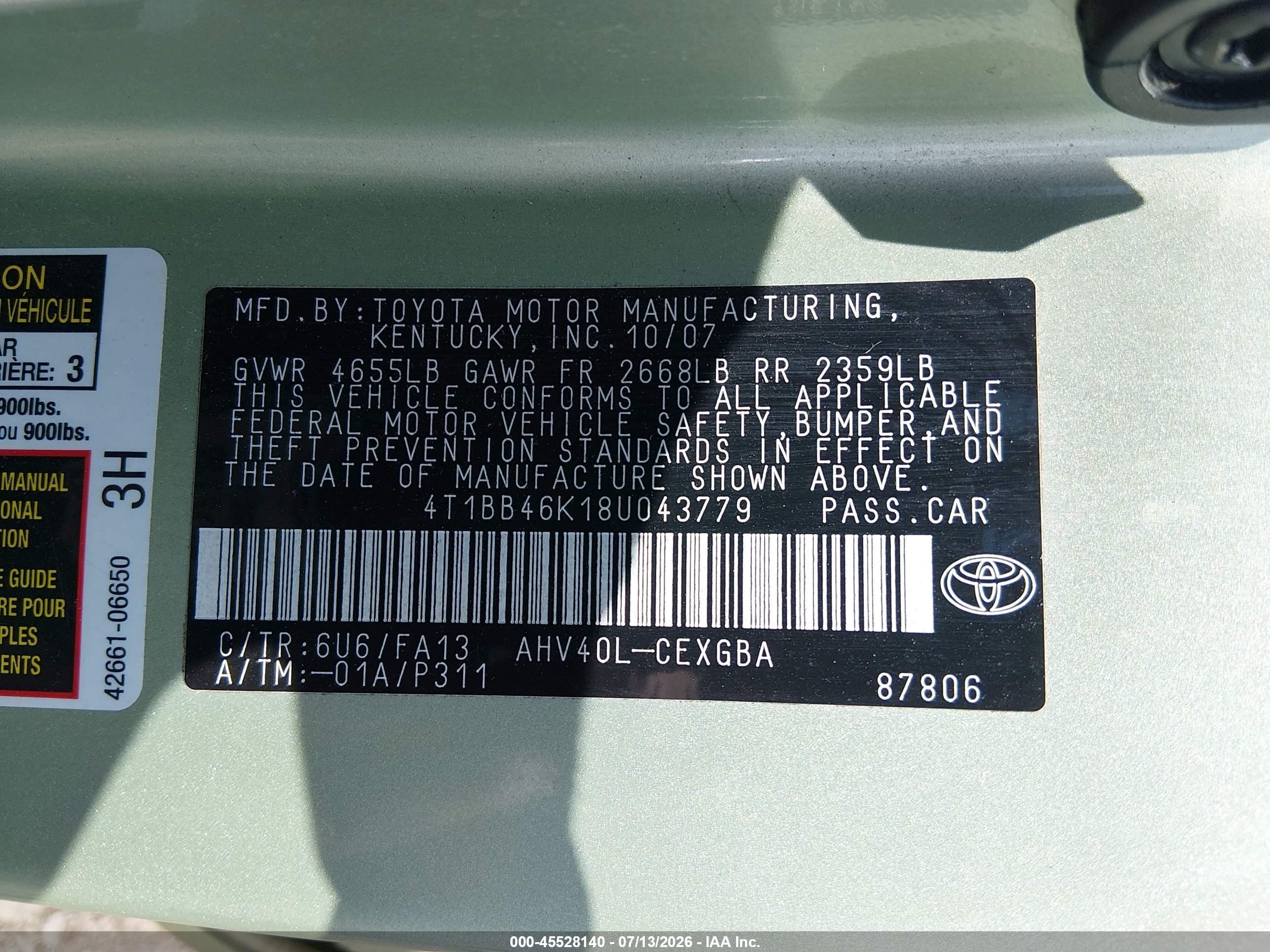 2008 Toyota Camry Hybrid   Green vin: 4T1BB46K18U043779