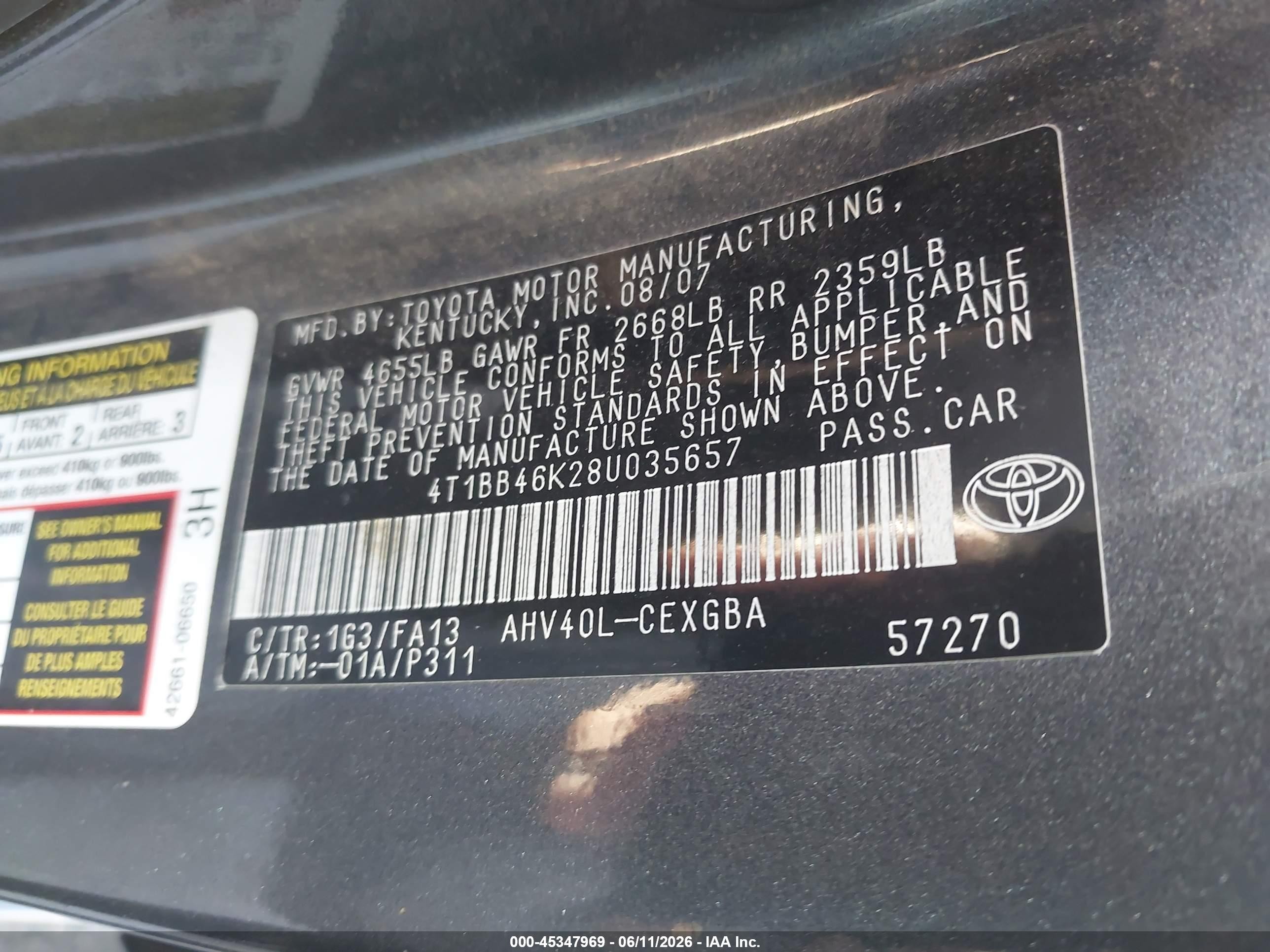 2008 Toyota Camry Hybrid   Серый vin: 4T1BB46K28U035657