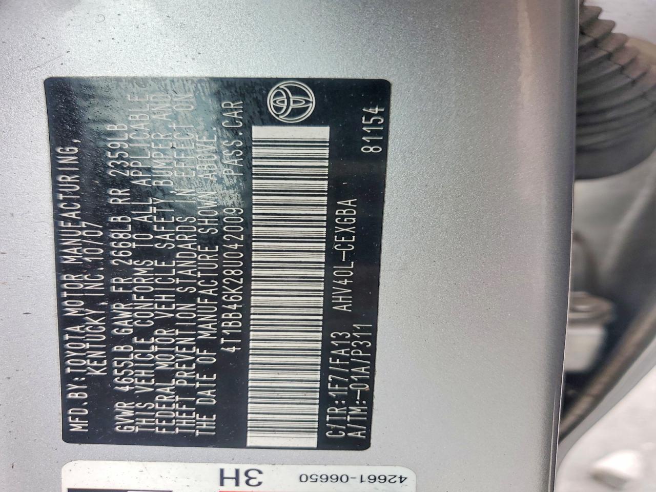 2008 Toyota Camry Hybrid Silver vin: 4T1BB46K28U042009