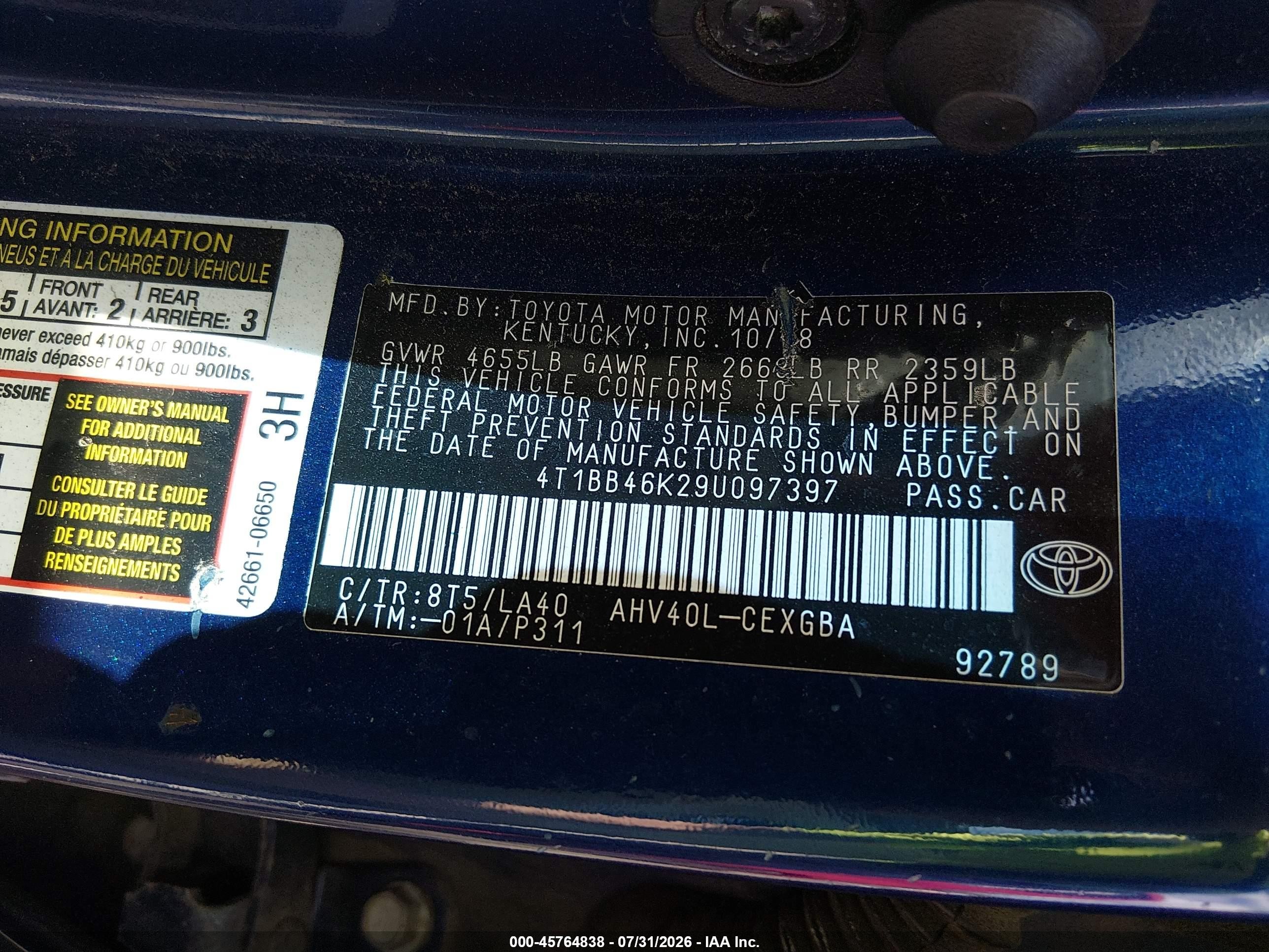 2009 Toyota Camry Hybrid   Blue vin: 4T1BB46K29U097397