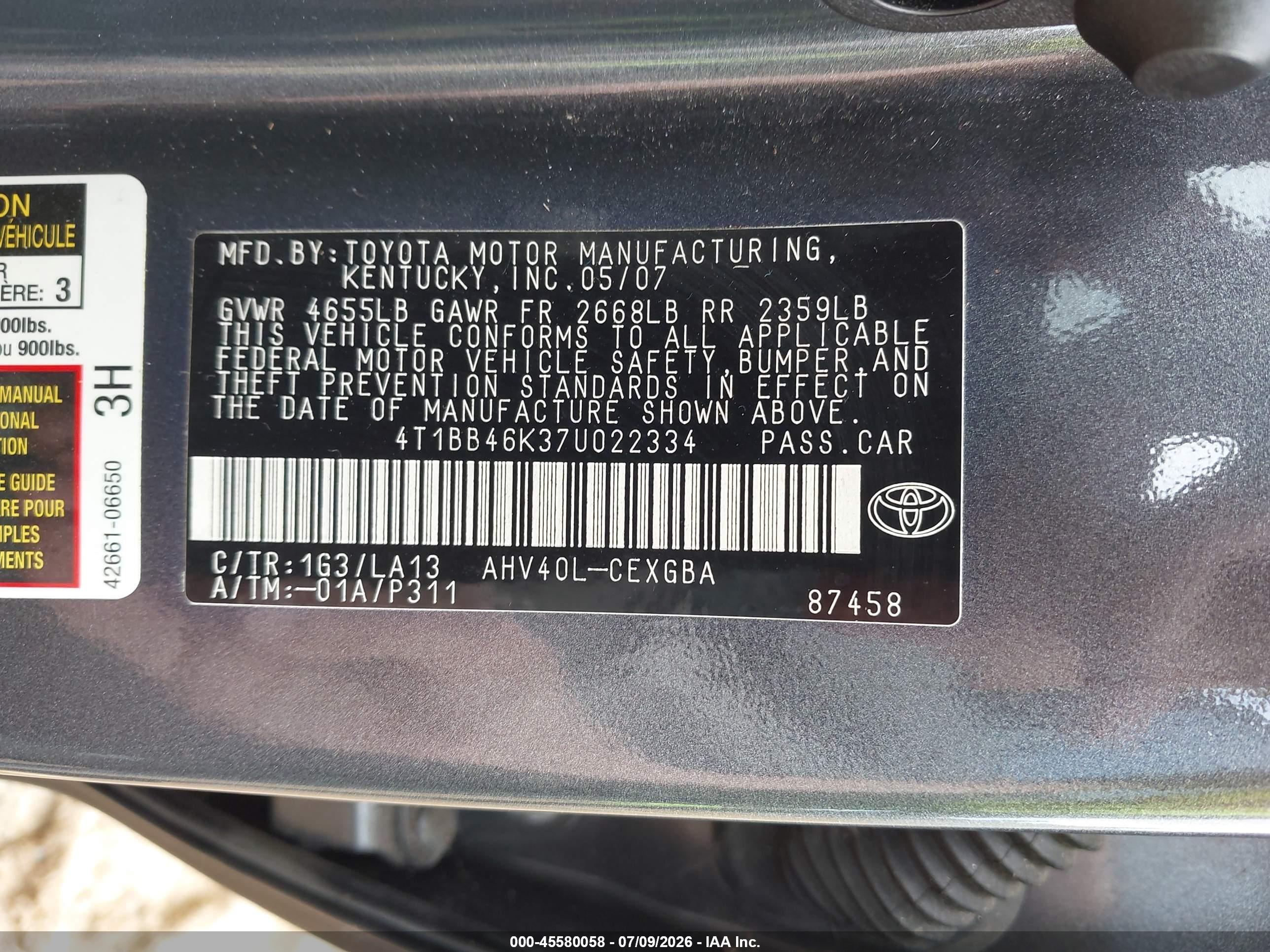 2007 Toyota Camry Hybrid   Gray vin: 4T1BB46K37U022334
