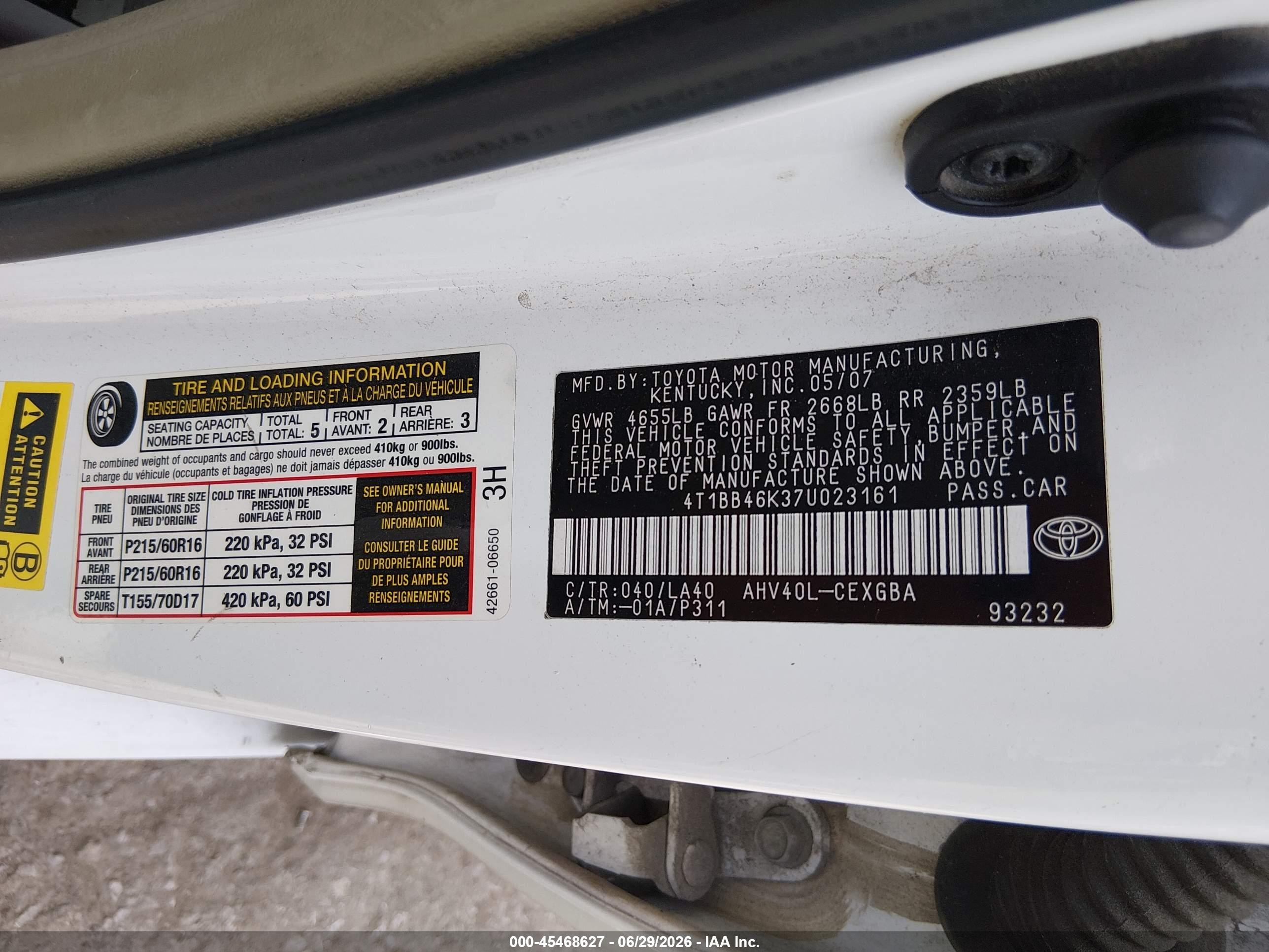 2007 Toyota Camry Hybrid   White vin: 4T1BB46K37U023161