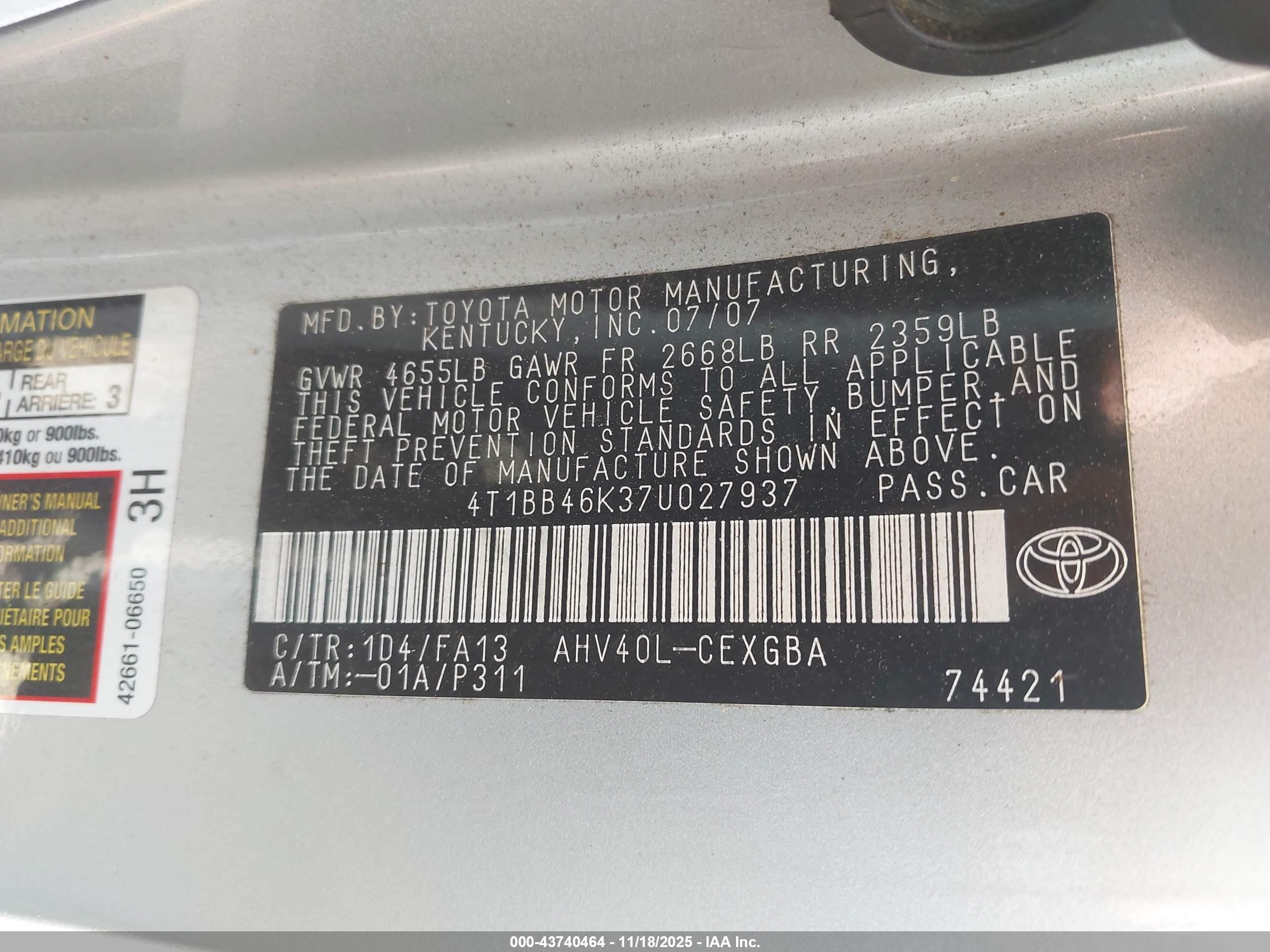 2007 Toyota Camry Hybrid   Silver vin: 4T1BB46K37U027937
