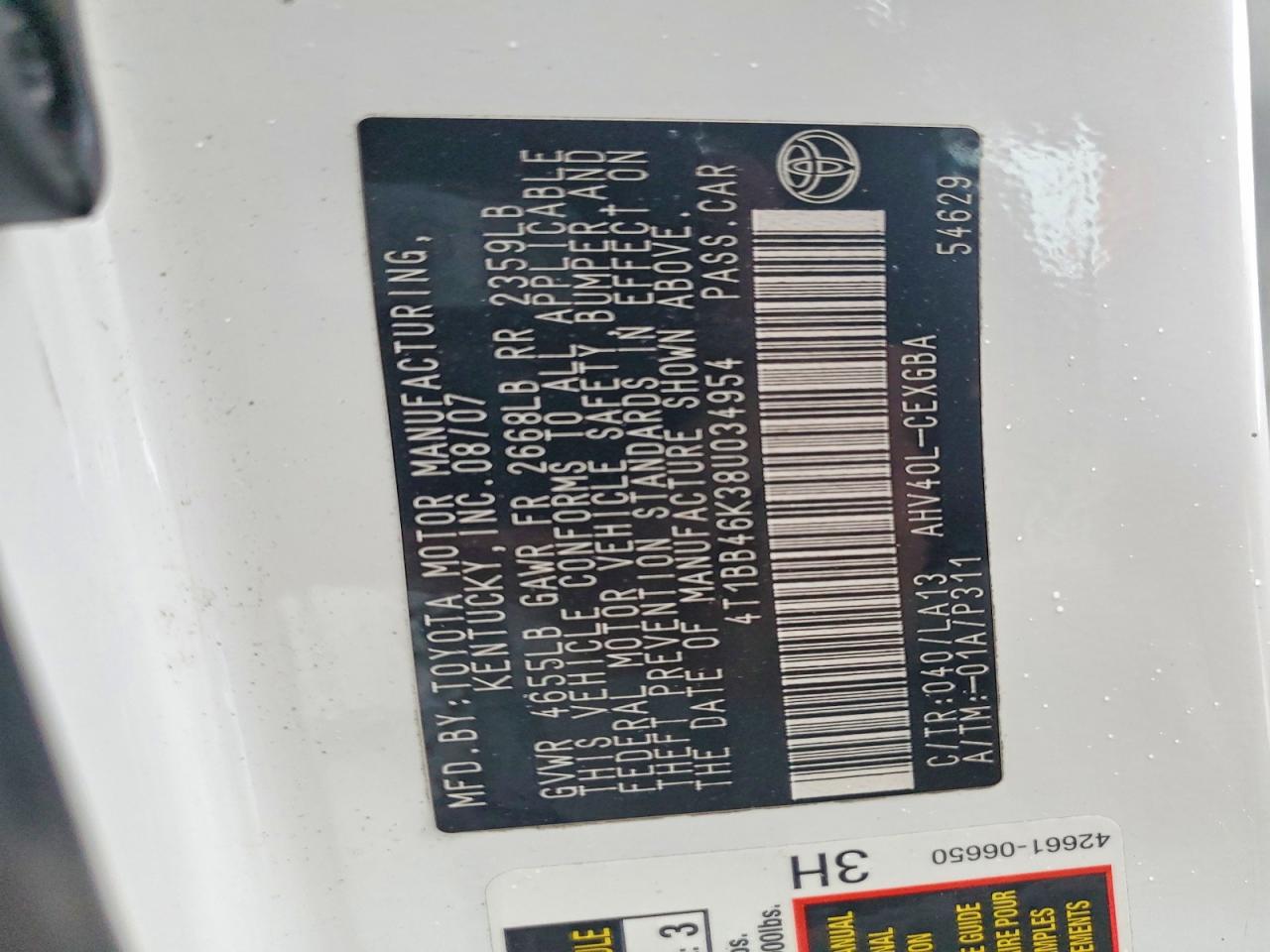 2008 Toyota Camry Hybrid Base White vin: 4T1BB46K38U034954