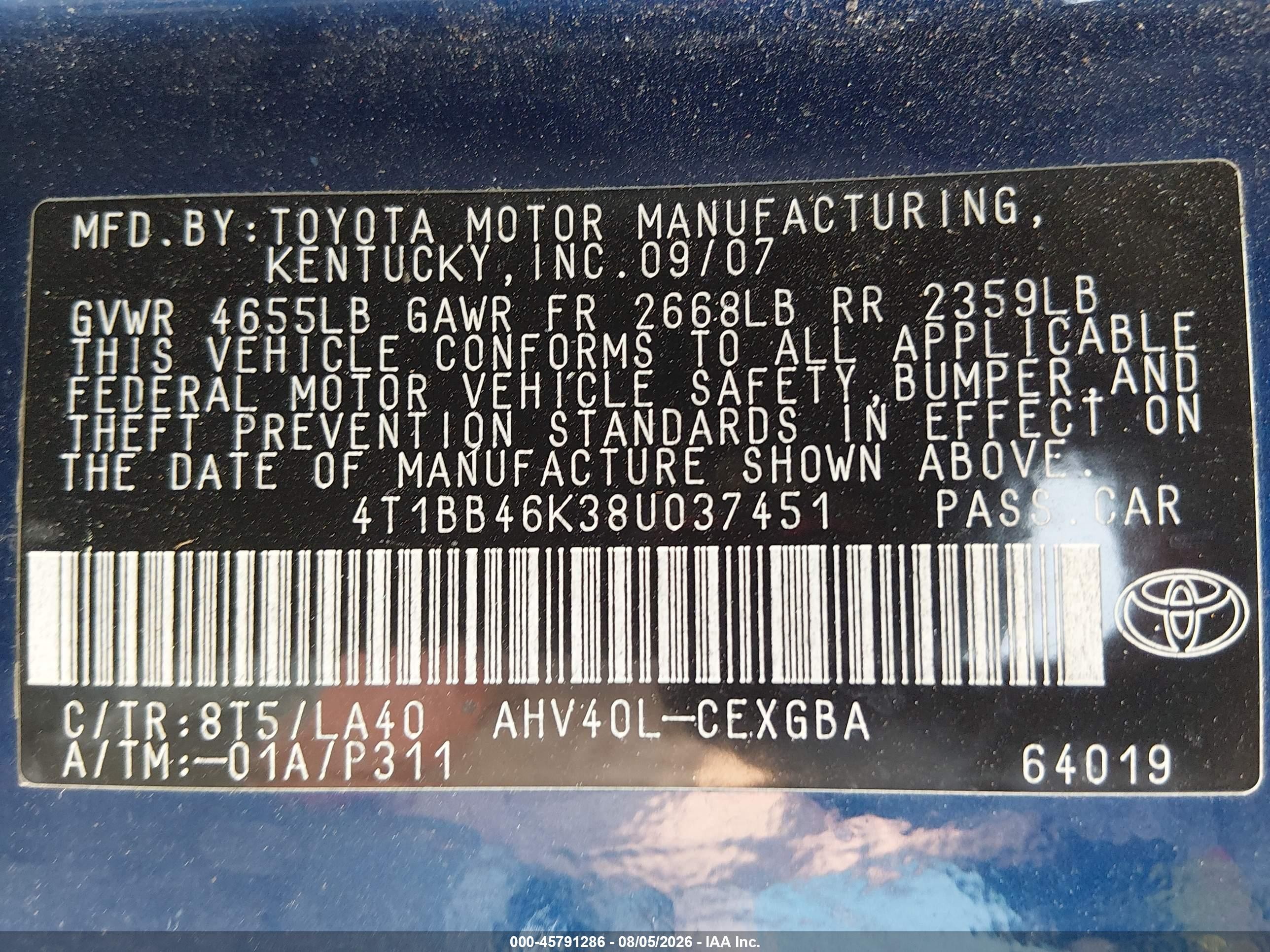 2008 Toyota Camry Hybrid   Blue vin: 4T1BB46K38U037451