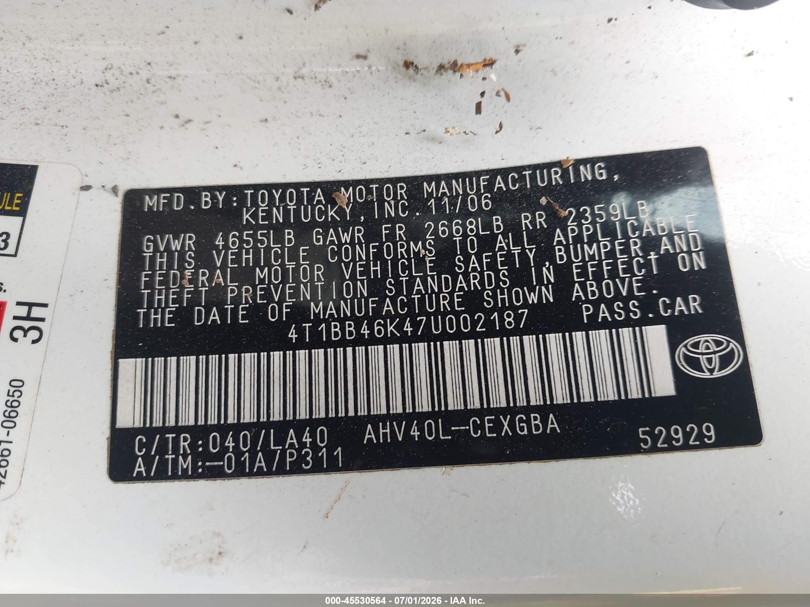 2007 Toyota Camry Hybrid   White vin: 4T1BB46K47U002187