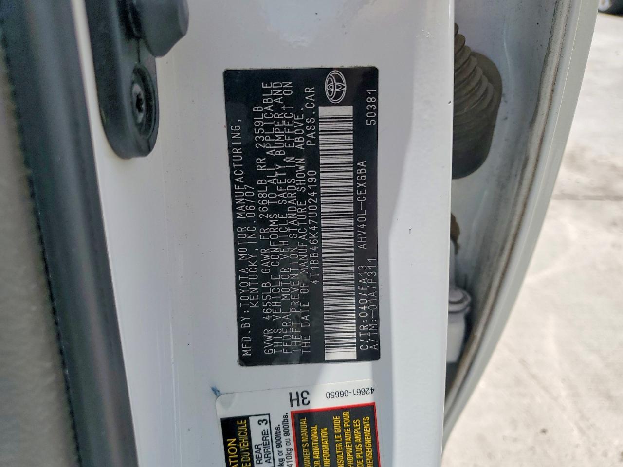 2007 Toyota Camry Hybrid Base White vin: 4T1BB46K47U024190