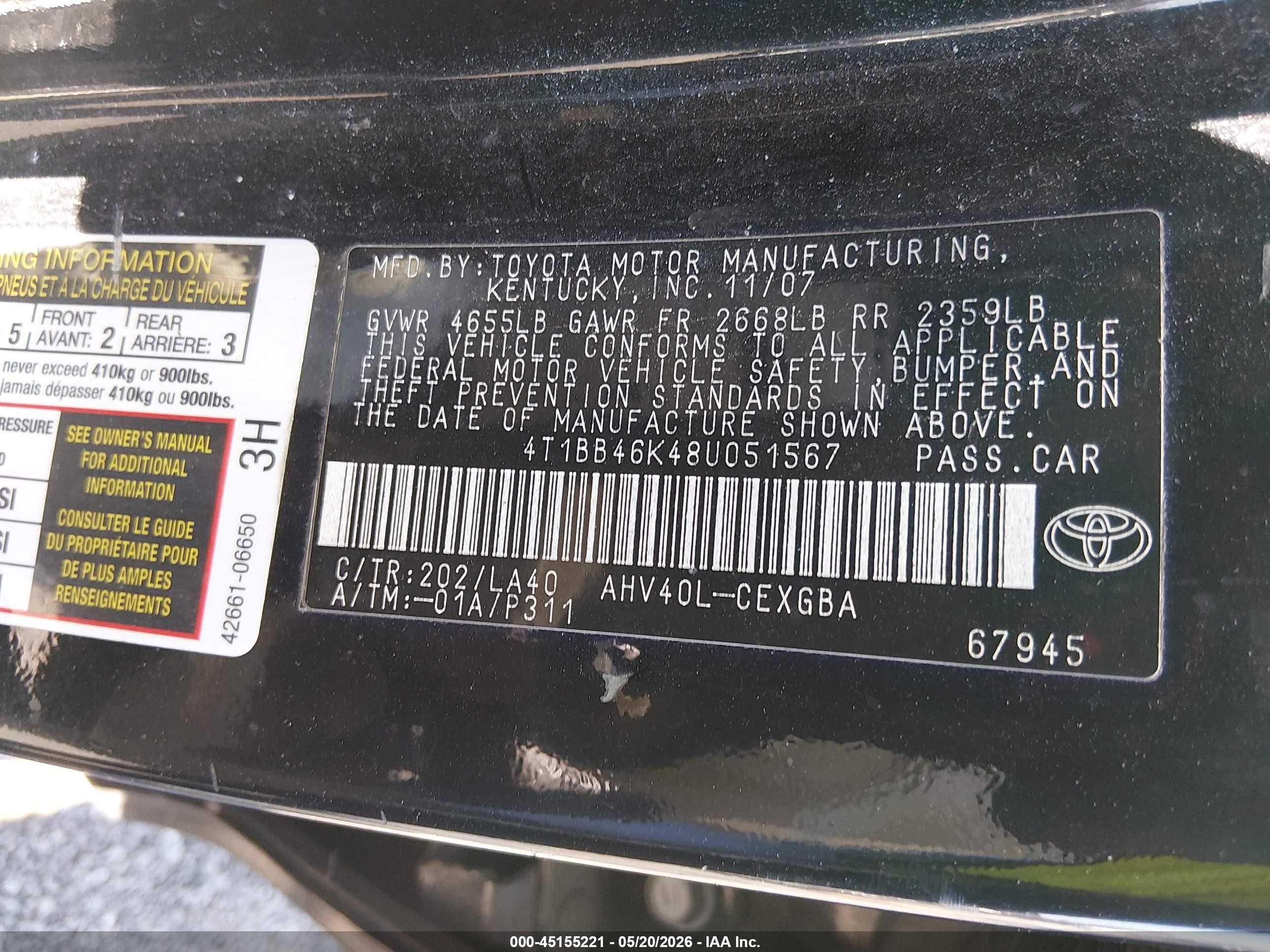 2008 Toyota Camry Hybrid   Black vin: 4T1BB46K48U051567
