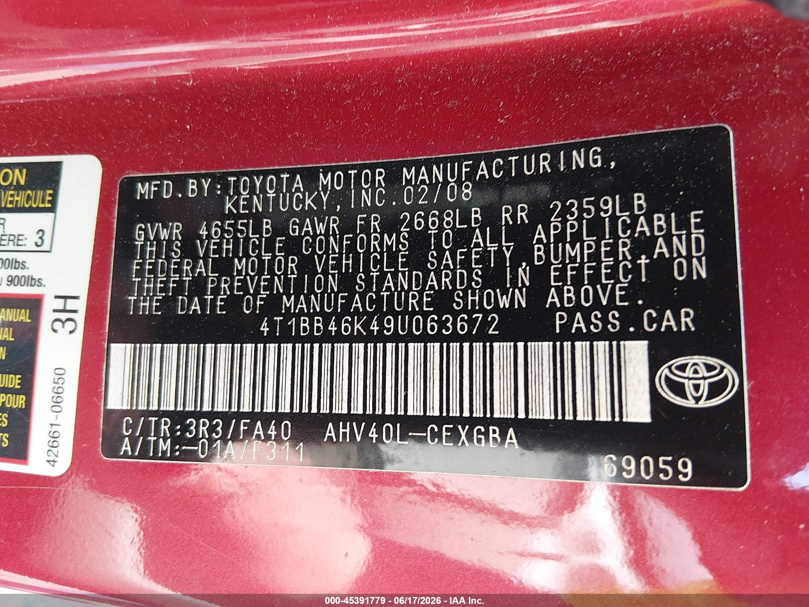 2009 Toyota Camry Hybrid   Red vin: 4T1BB46K49U063672