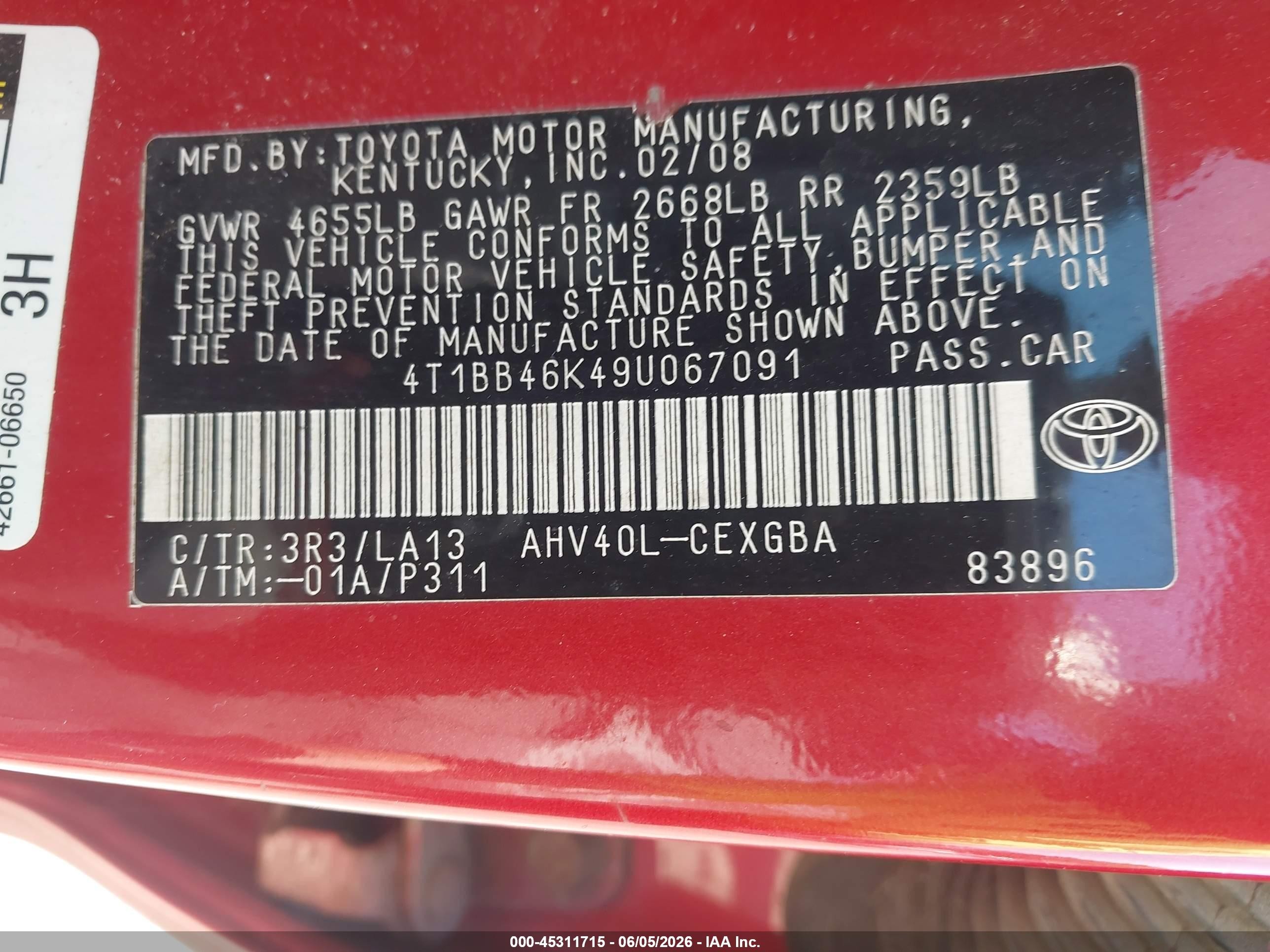 2009 Toyota Camry Hybrid   Red vin: 4T1BB46K49U067091