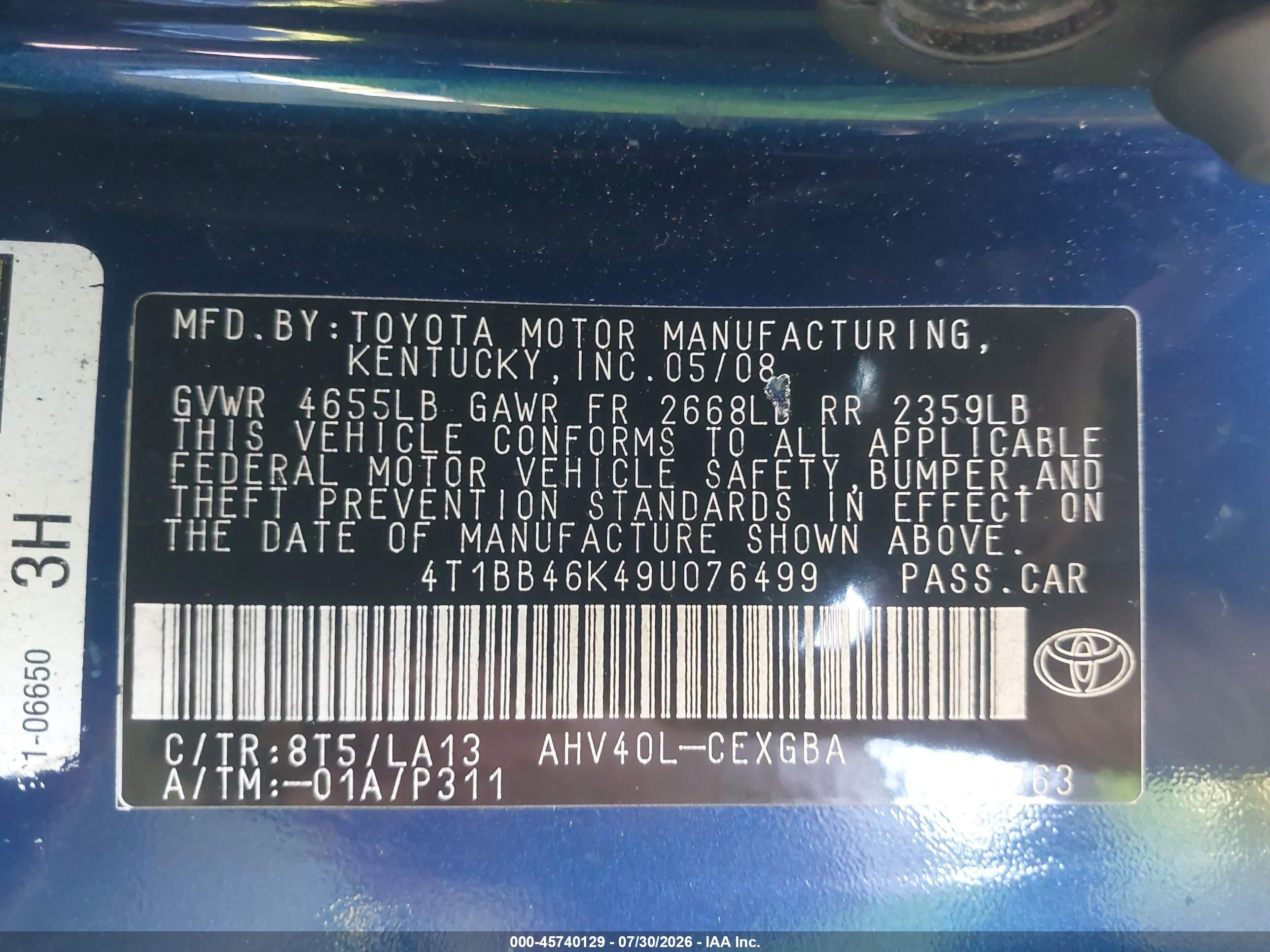 2009 Toyota Camry Hybrid   Blue vin: 4T1BB46K49U076499