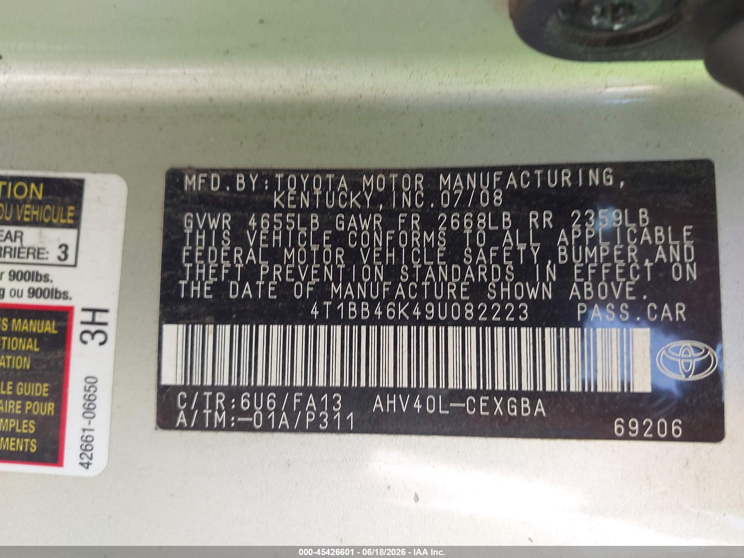 2009 Toyota Camry Hybrid   Green vin: 4T1BB46K49U082223