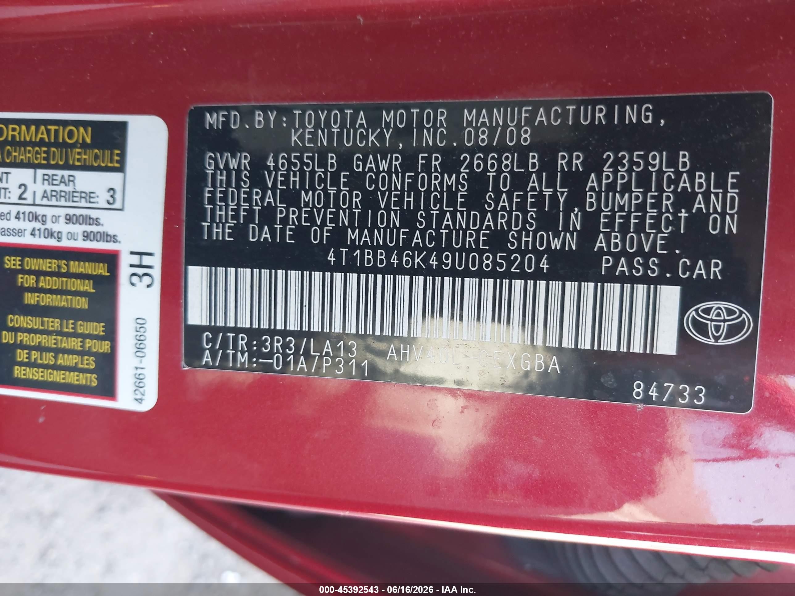 2009 Toyota Camry Hybrid   Red vin: 4T1BB46K49U085204