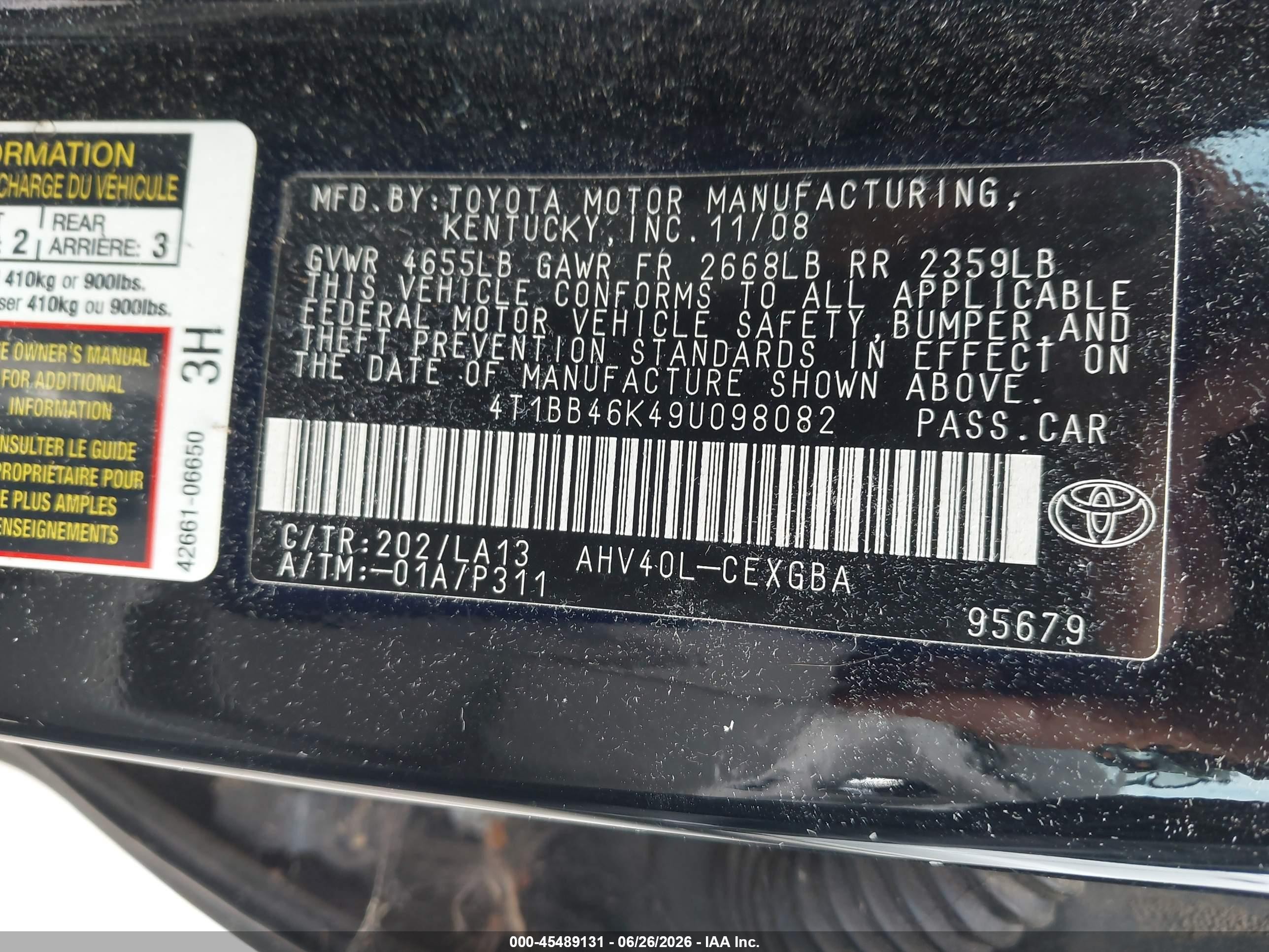 2009 Toyota Camry Hybrid   Black vin: 4T1BB46K49U098082