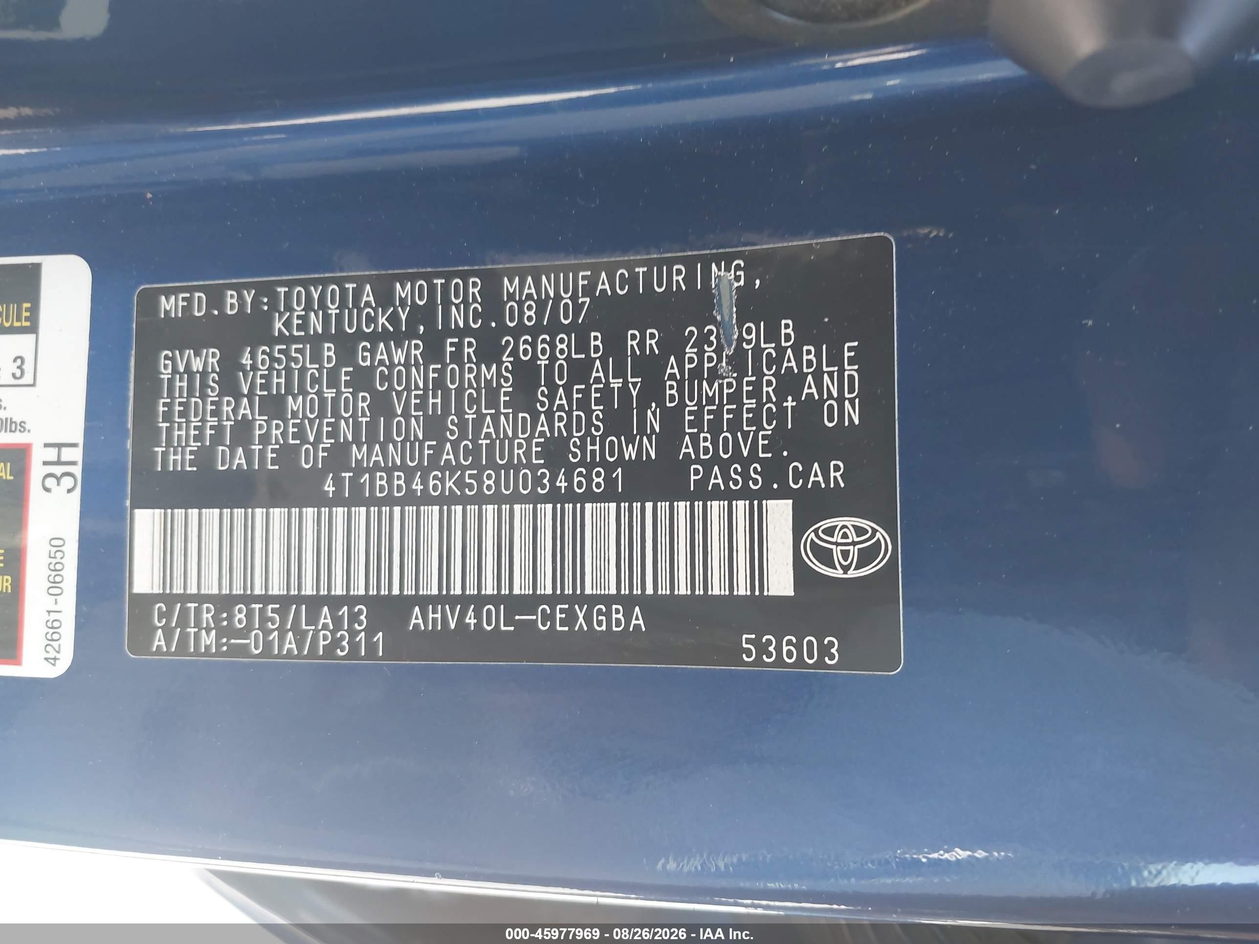 2008 Toyota Camry Hybrid   Синий vin: 4T1BB46K58U034681