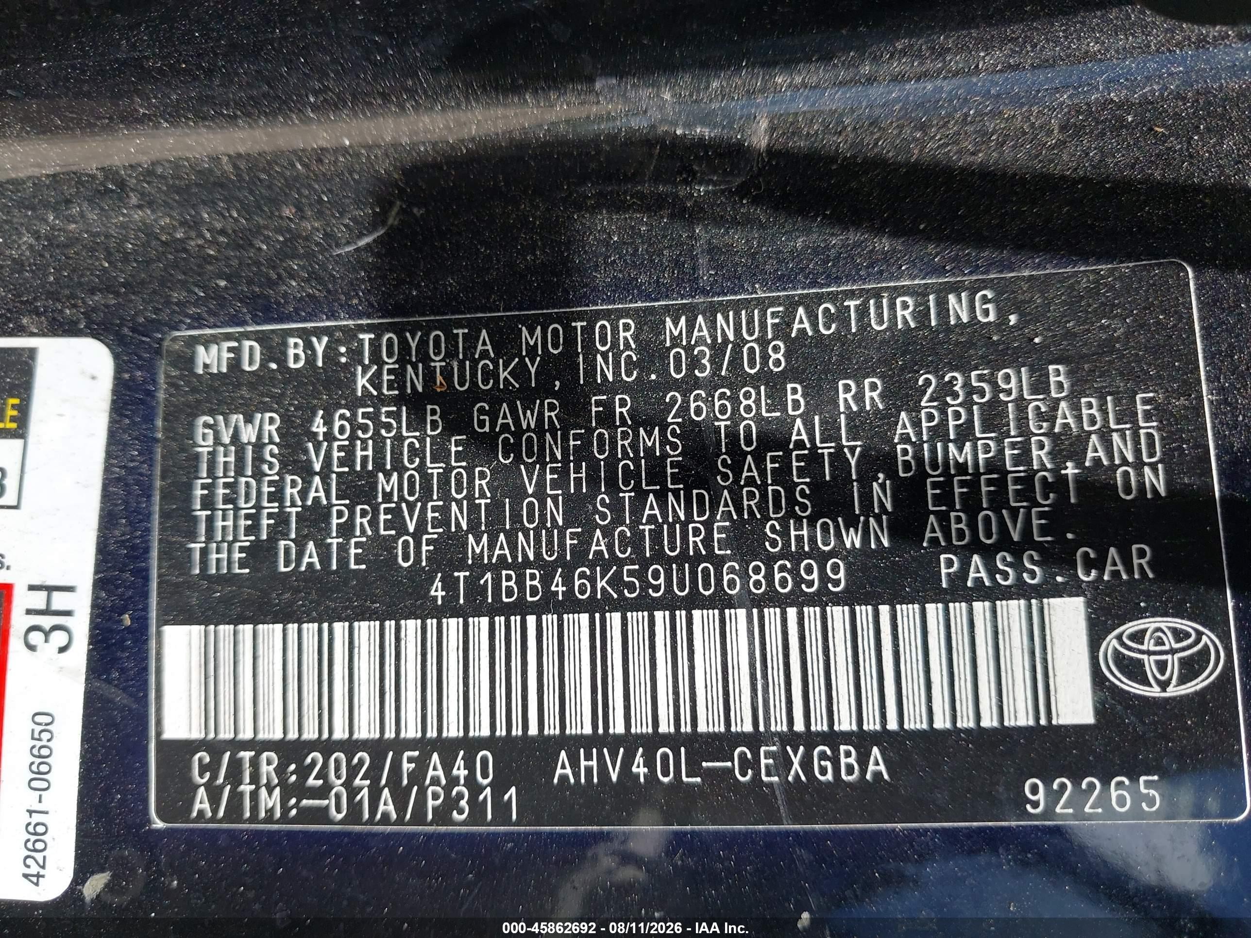 2009 Toyota Camry Hybrid   Black vin: 4T1BB46K59U068699