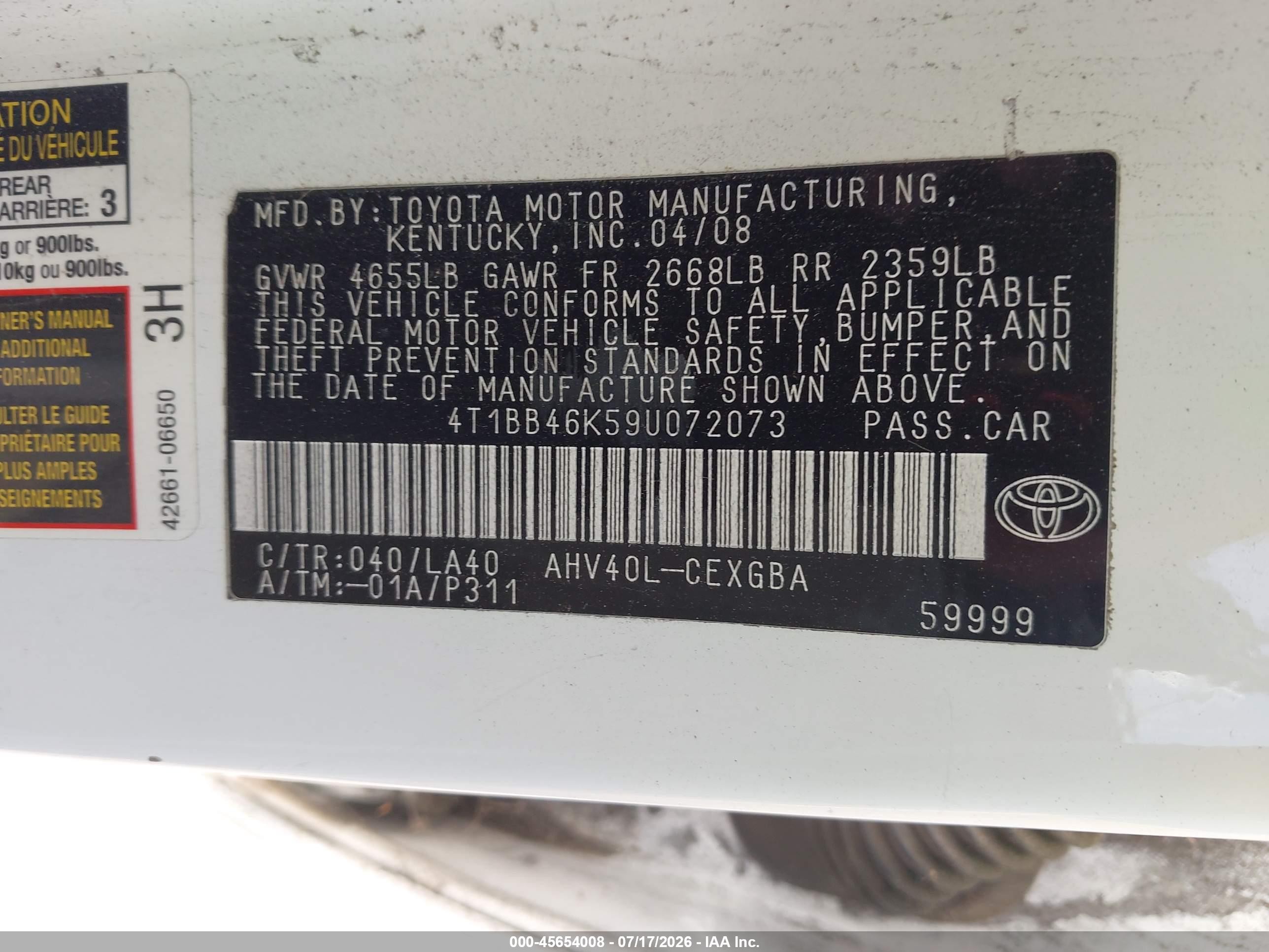 2009 Toyota Camry Hybrid   White vin: 4T1BB46K59U072073