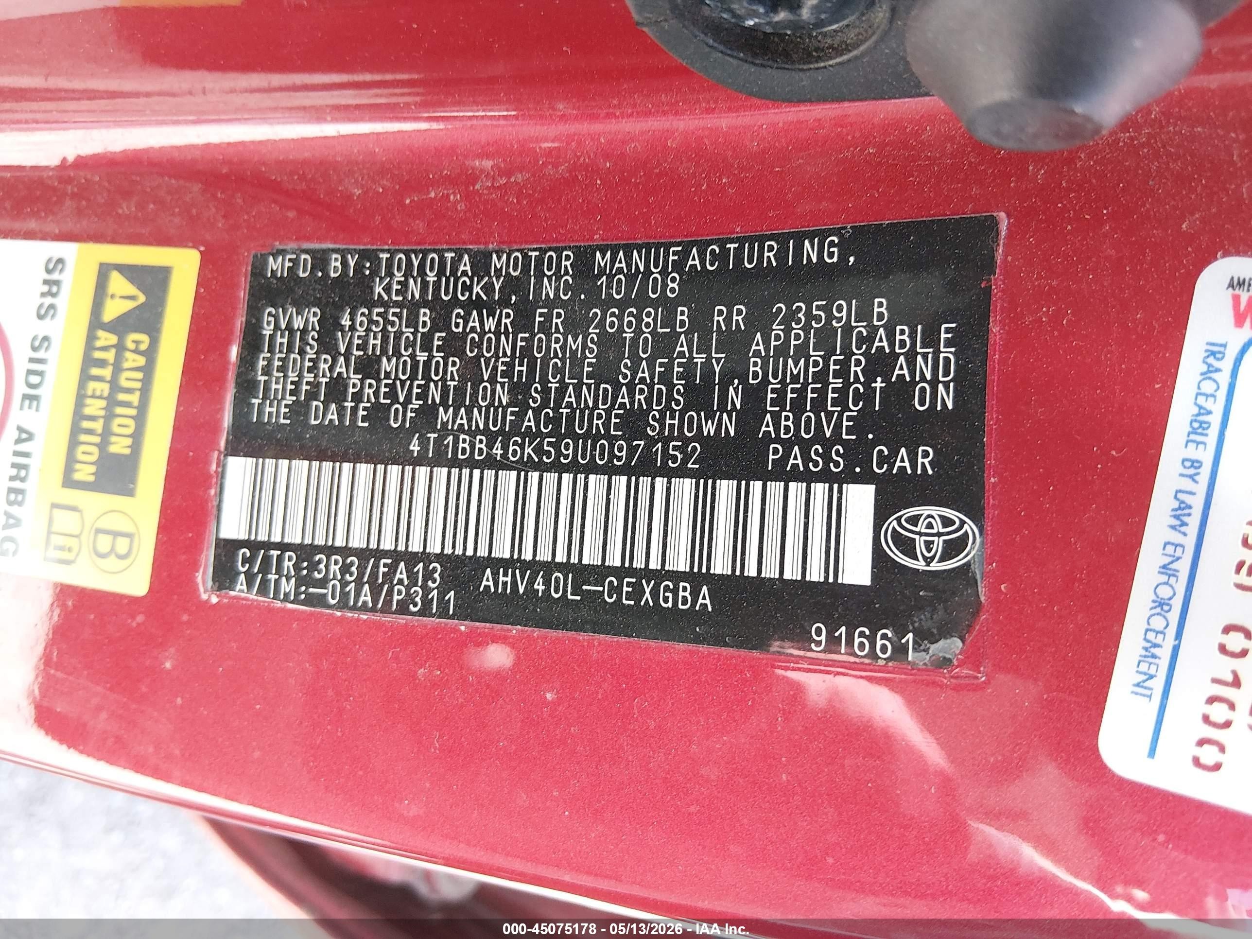 2009 Toyota Camry Hybrid   Red vin: 4T1BB46K59U097152