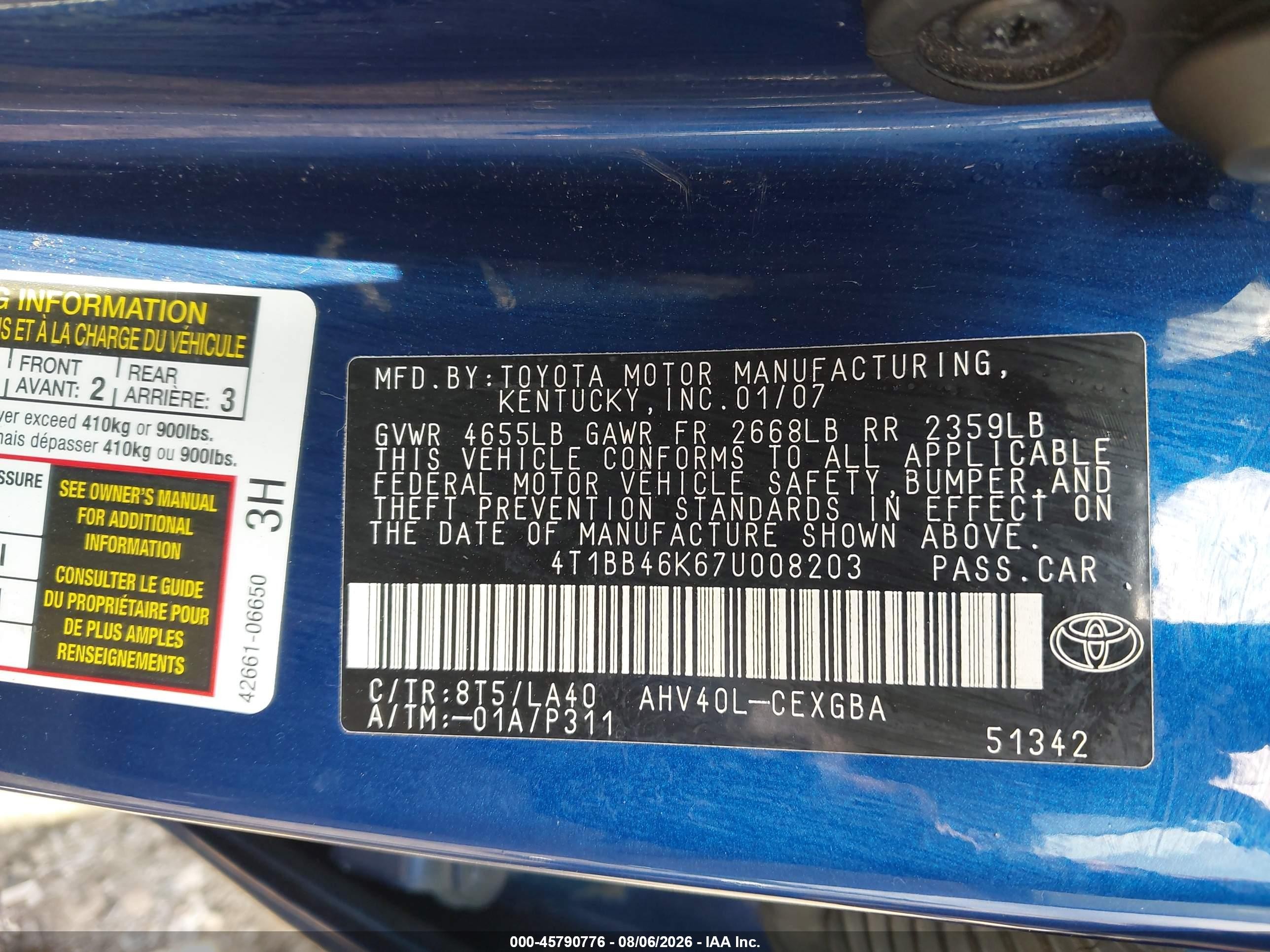 2007 Toyota Camry Hybrid Синий vin: 4T1BB46K67U008203
