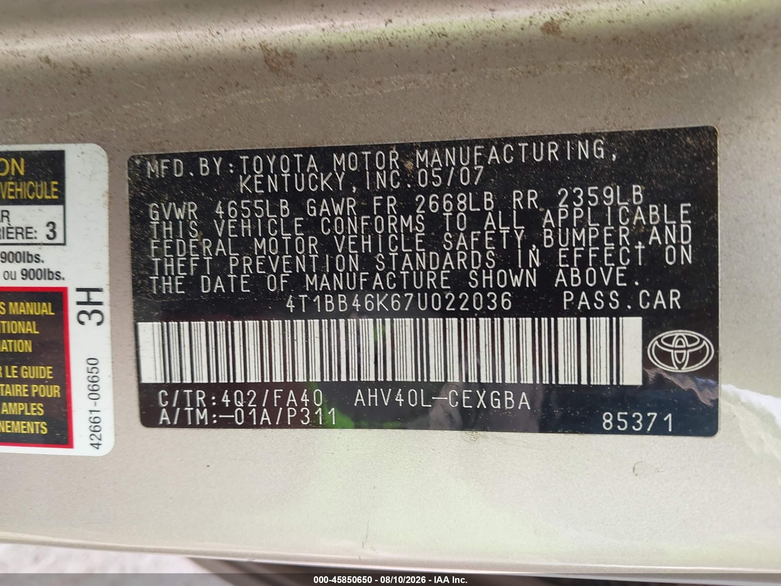 2007 Toyota Camry Hybrid   Gold vin: 4T1BB46K67U022036