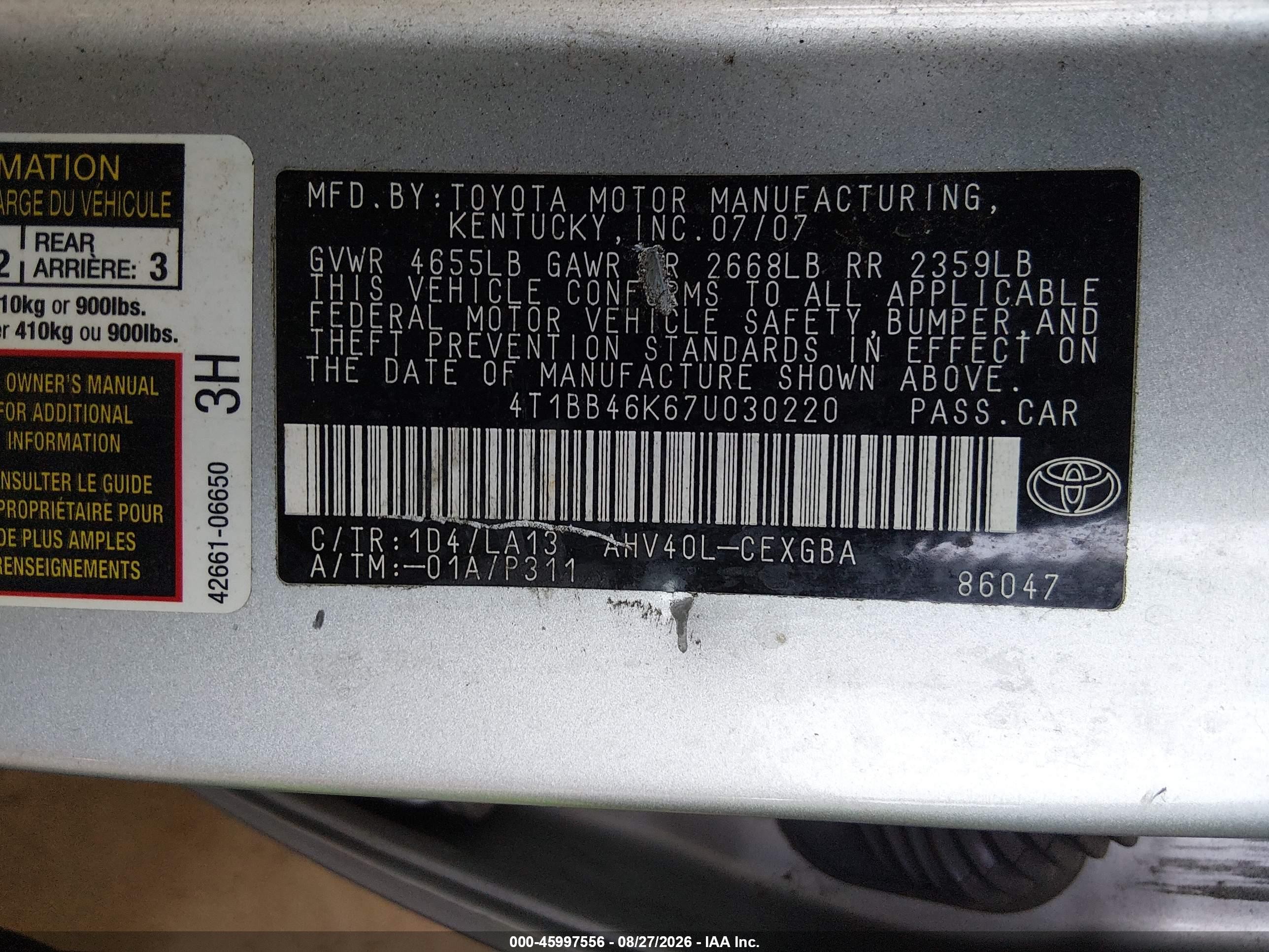 2007 Toyota Camry Hybrid   Gray vin: 4T1BB46K67U030220