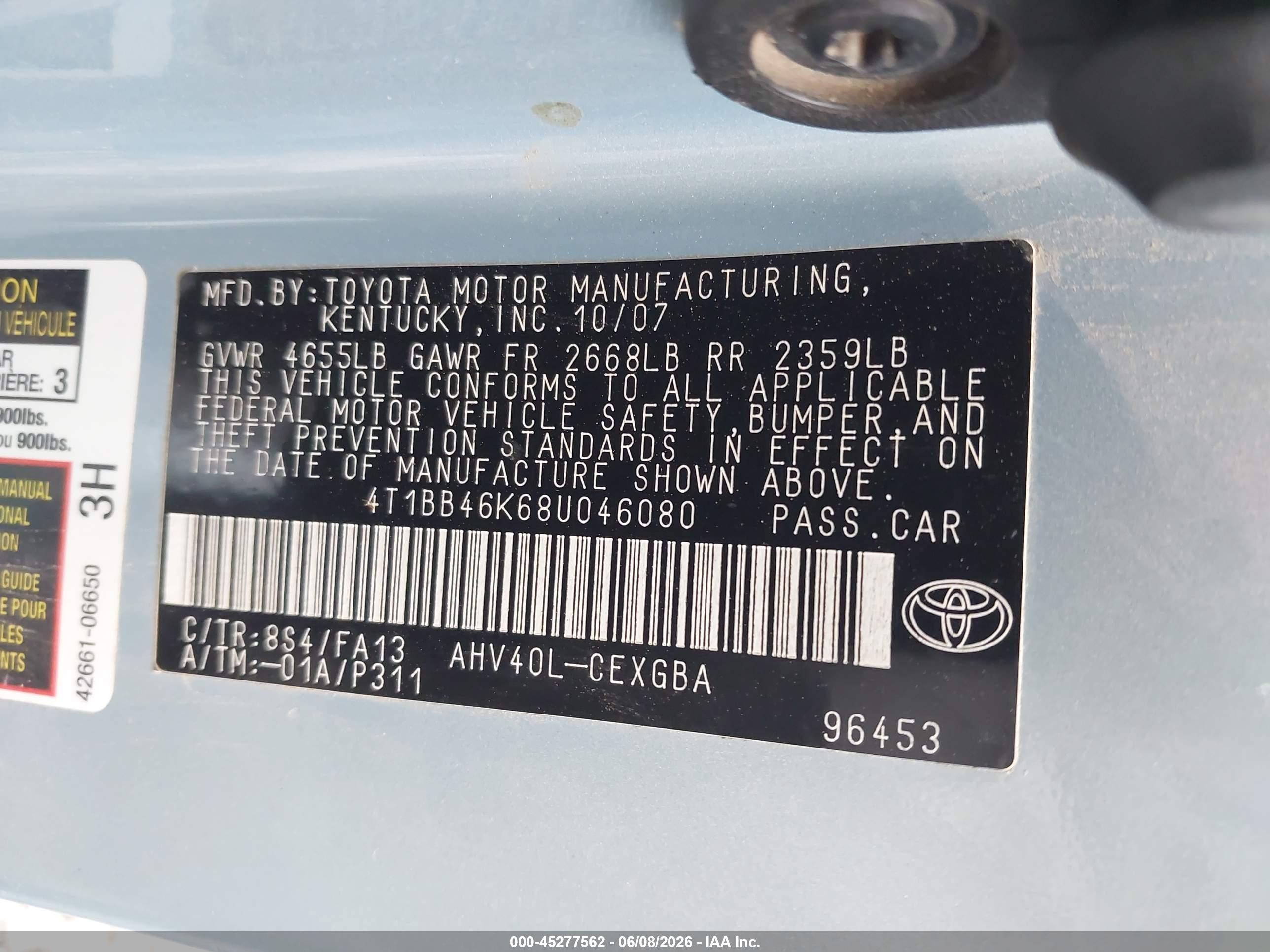 2008 Toyota Camry Hybrid   Light Blue vin: 4T1BB46K68U046080