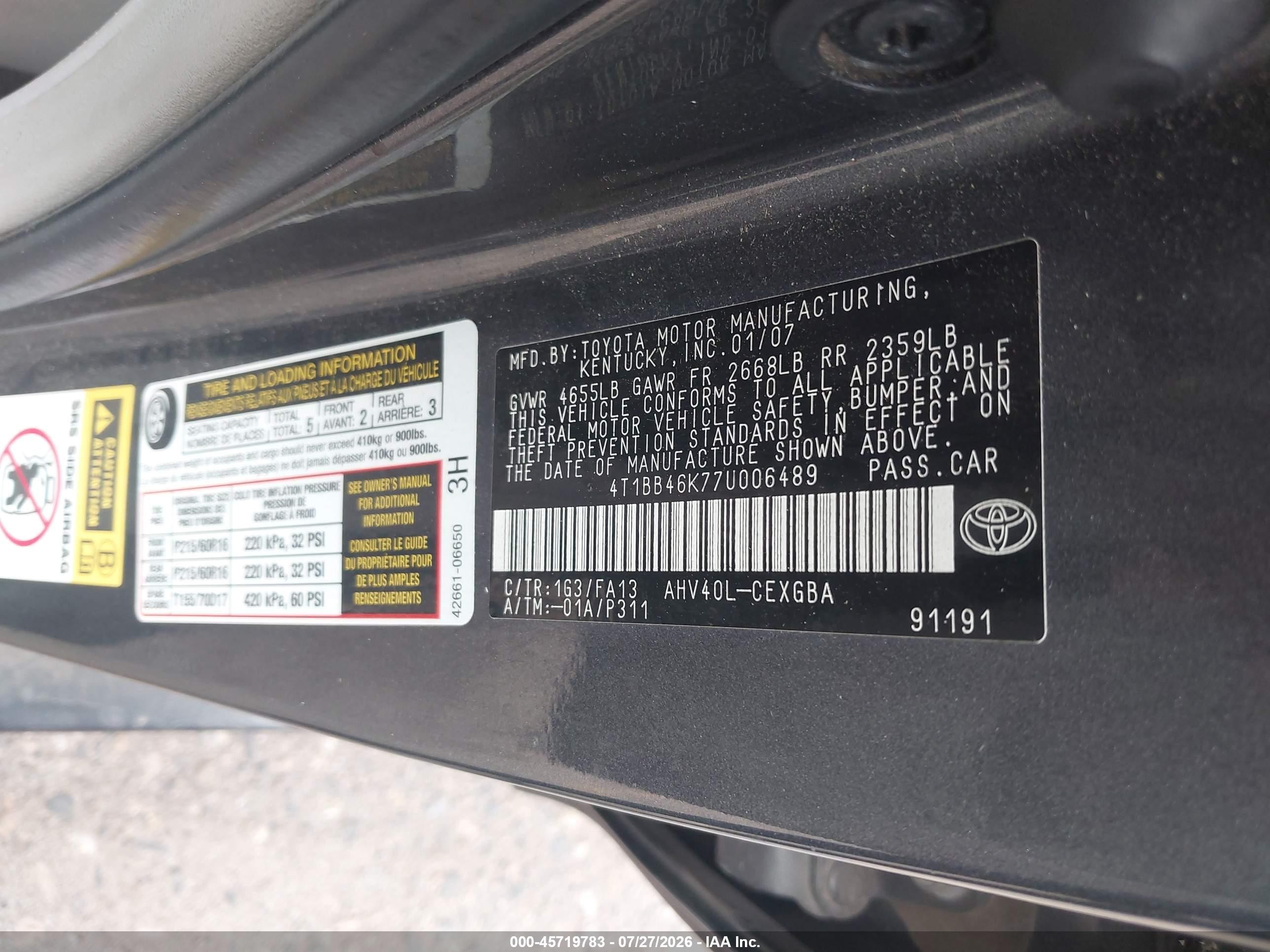 2007 Toyota Camry Hybrid   Gray vin: 4T1BB46K77U006489