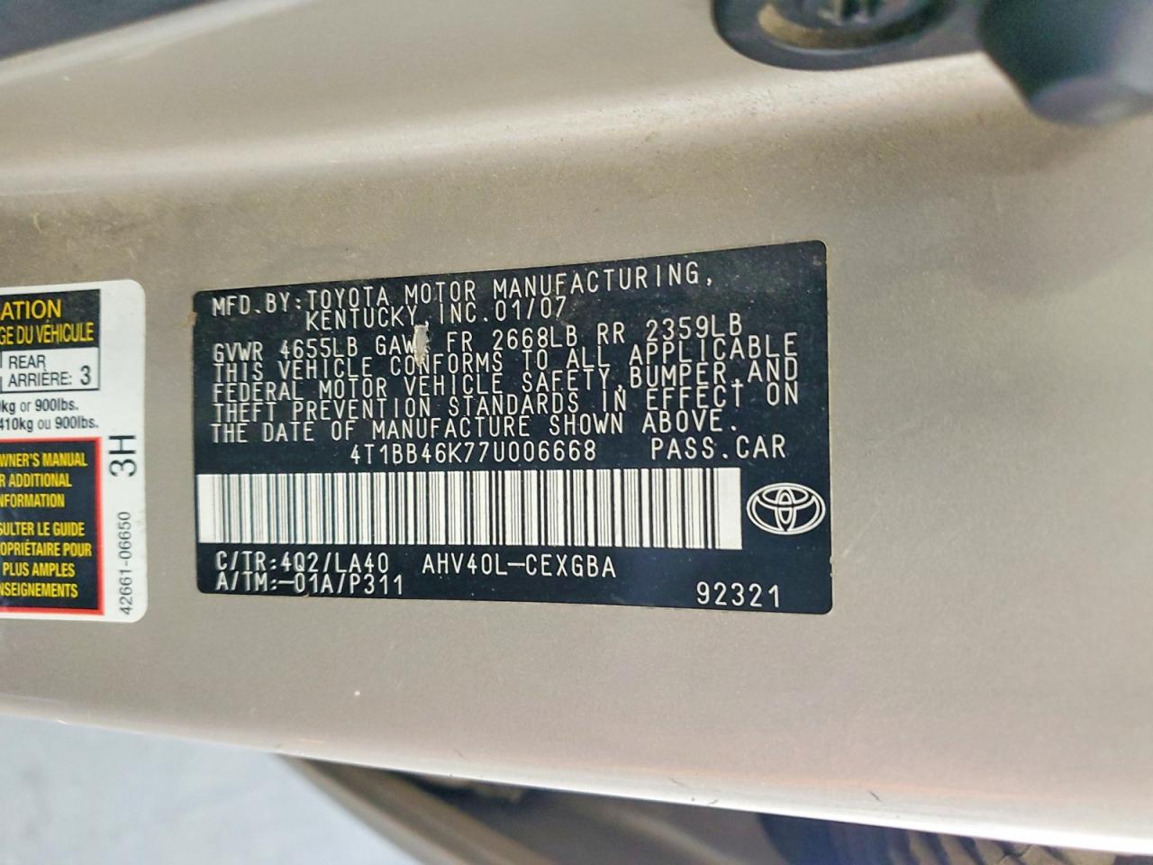 2007 Toyota Camry Hybrid Gold vin: 4T1BB46K77U006668