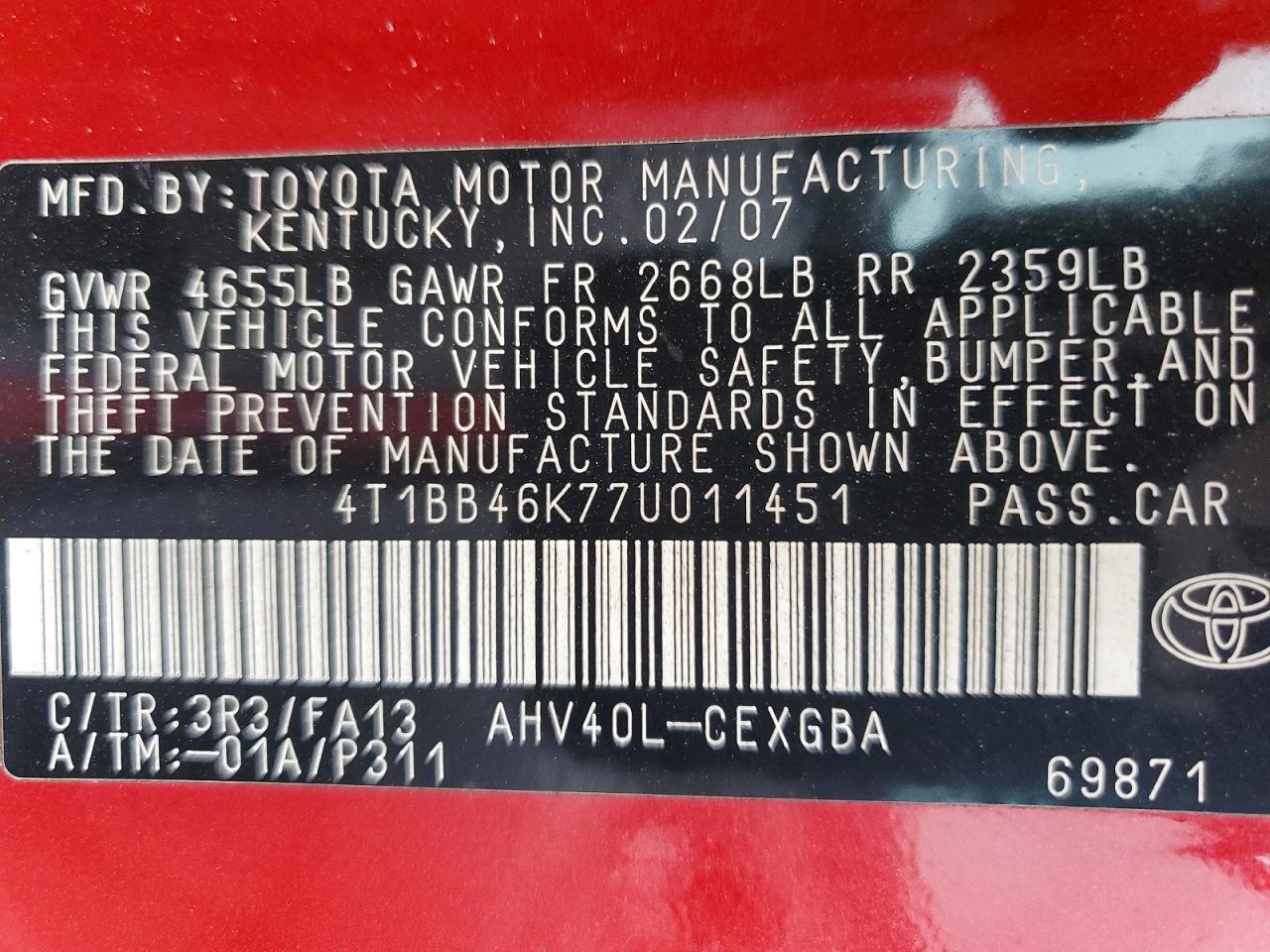 2007 Toyota Camry Hybrid Red vin: 4T1BB46K77U011451