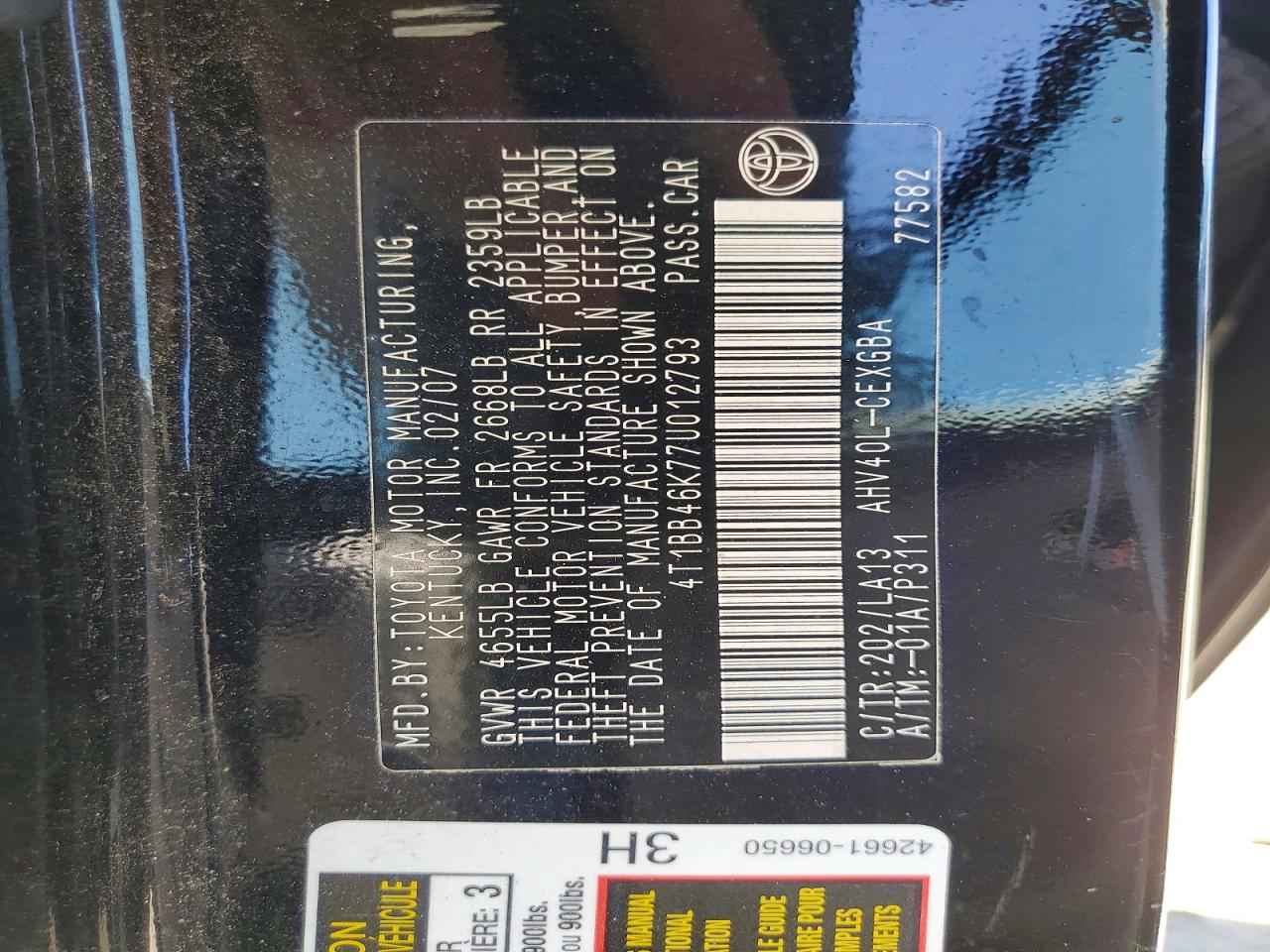 2007 Toyota Camry Hybrid Black vin: 4T1BB46K77U012793