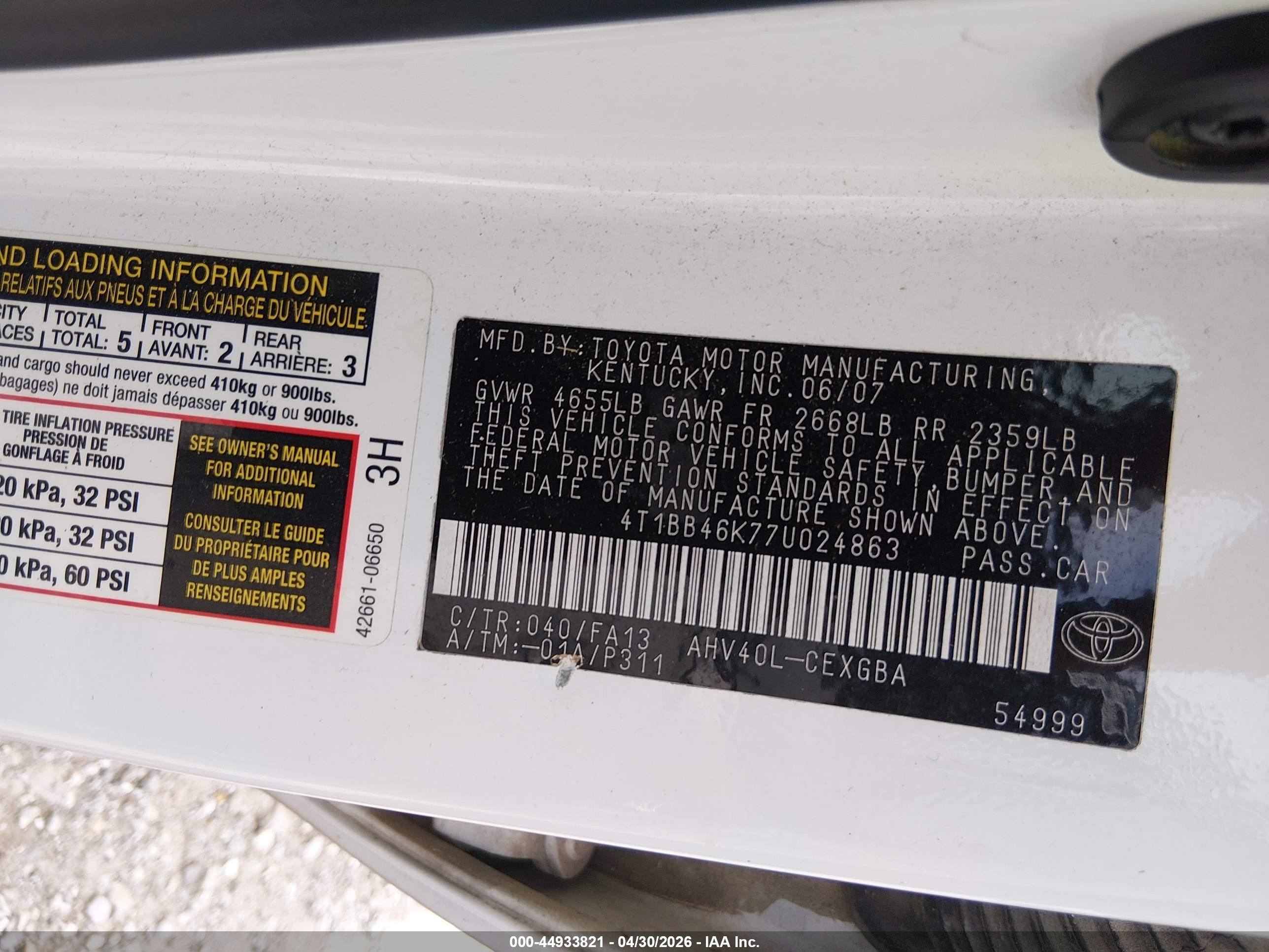 2007 Toyota Camry Hybrid   White vin: 4T1BB46K77U024863