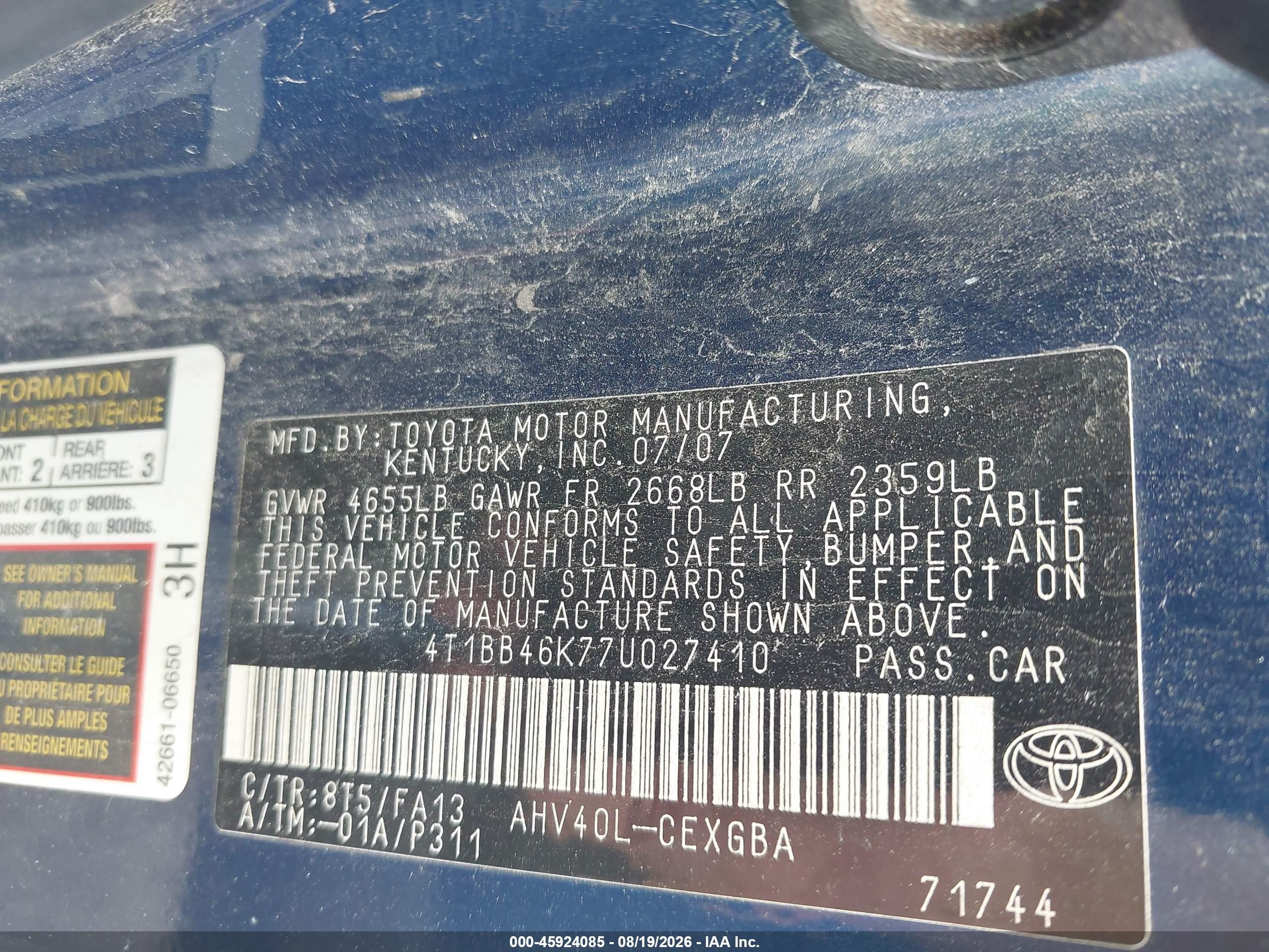 2007 Toyota Camry Hybrid   Blue vin: 4T1BB46K77U027410