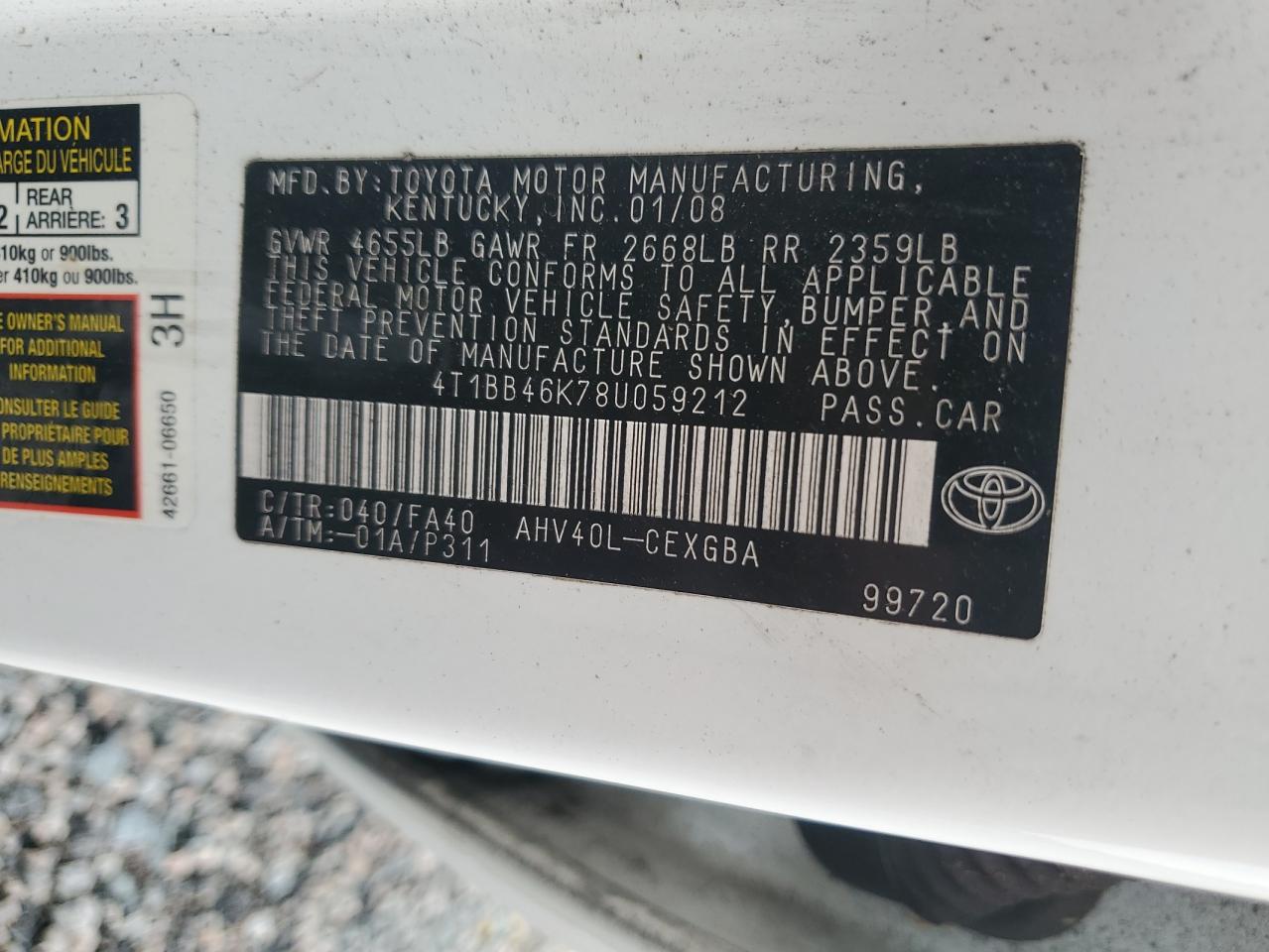 2008 Toyota Camry Hybrid White vin: 4T1BB46K78U059212