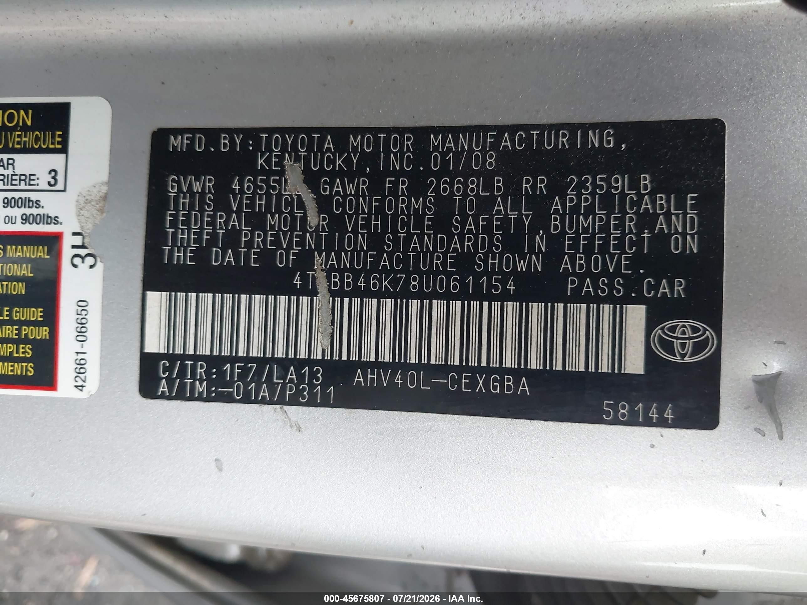 2008 Toyota Camry Hybrid   Silver vin: 4T1BB46K78U061154