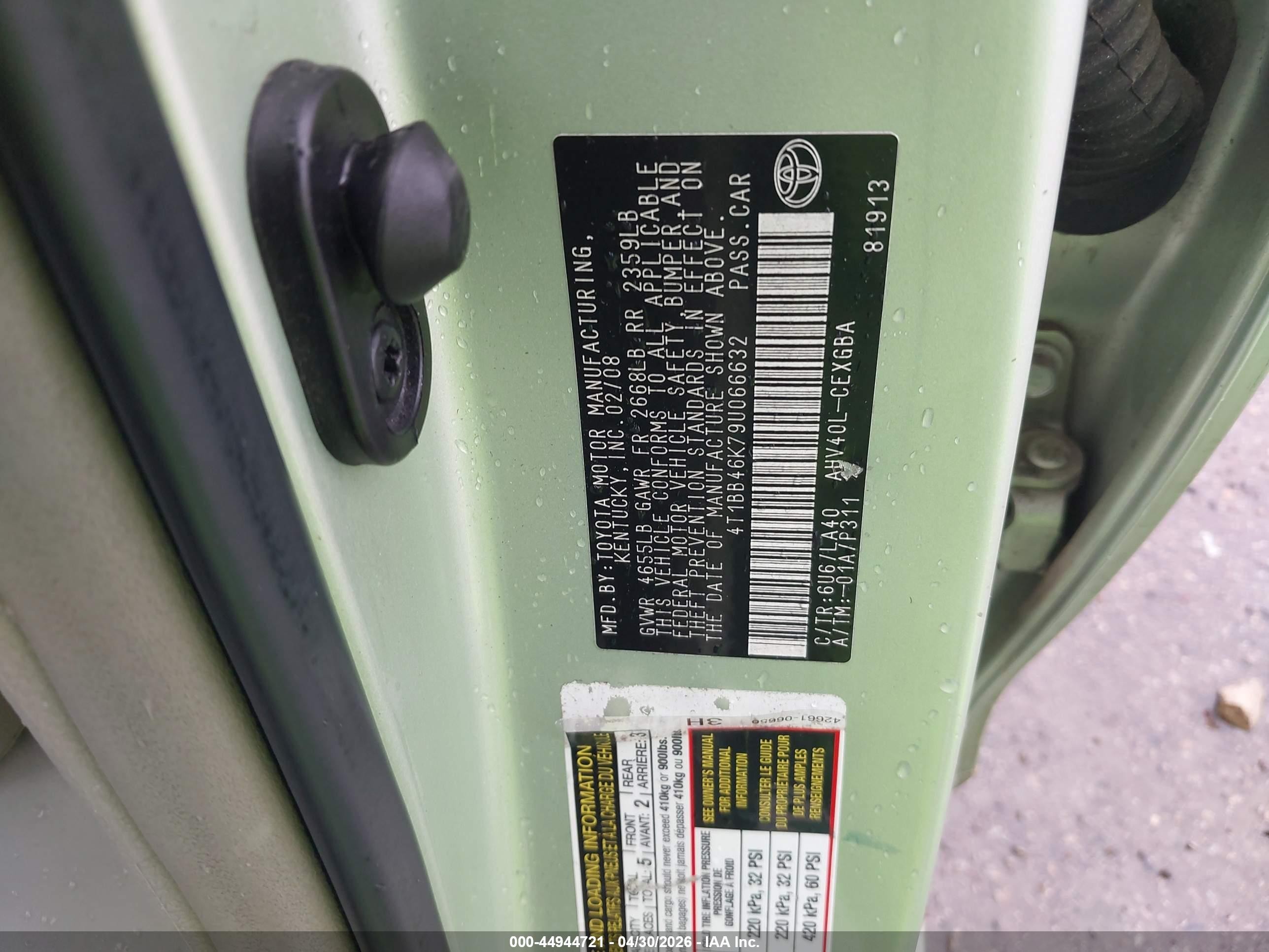 2009 Toyota Camry Hybrid   Green vin: 4T1BB46K79U066632