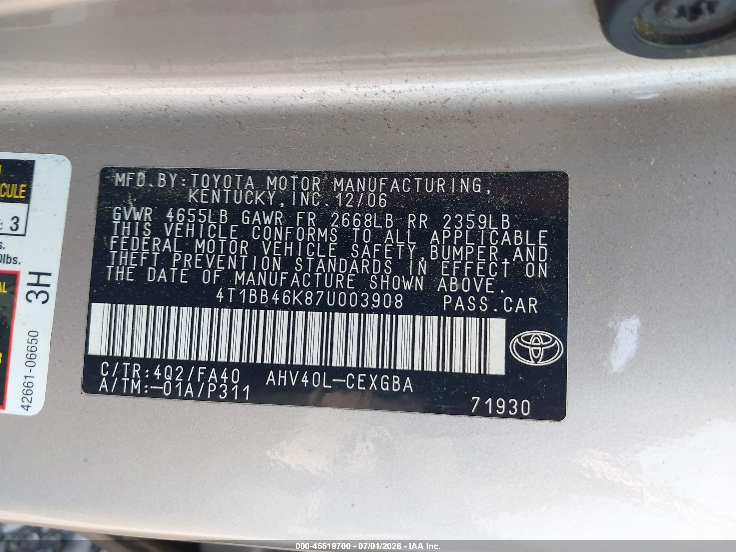 2007 Toyota Camry Hybrid   Gold vin: 4T1BB46K87U003908