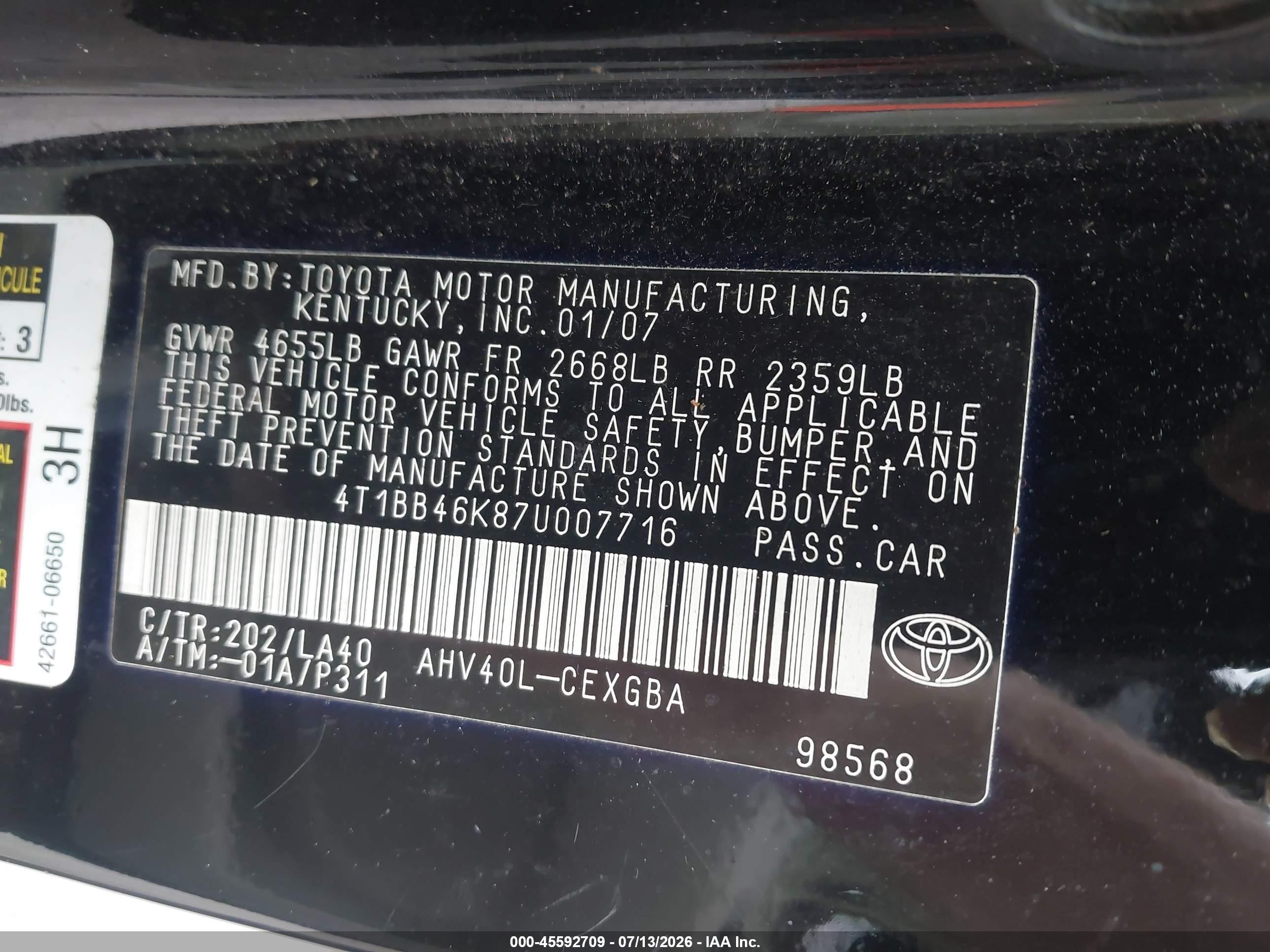 2007 Toyota Camry Hybrid   Черный vin: 4T1BB46K87U007716