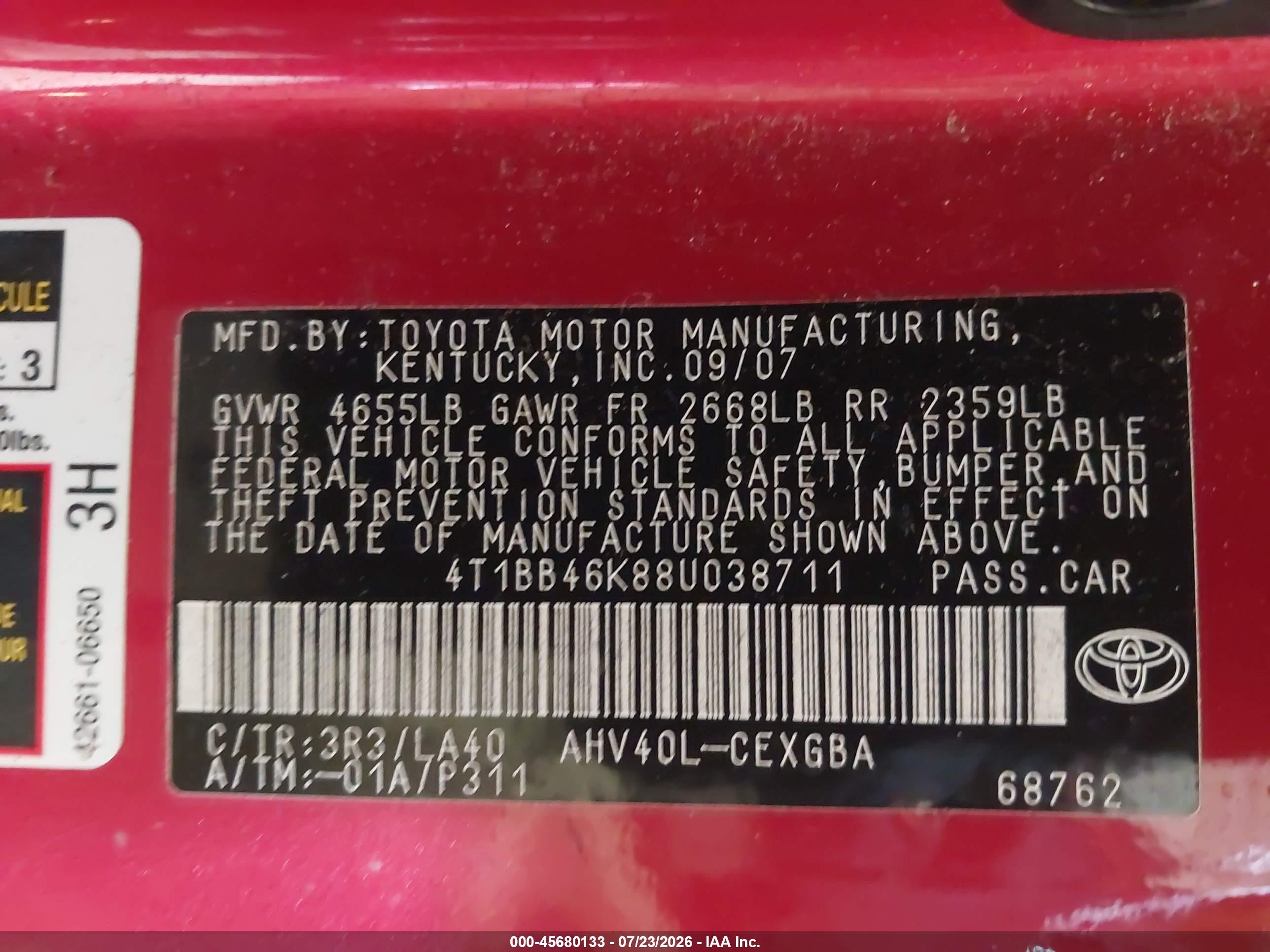 2008 Toyota Camry Hybrid   Red vin: 4T1BB46K88U038711