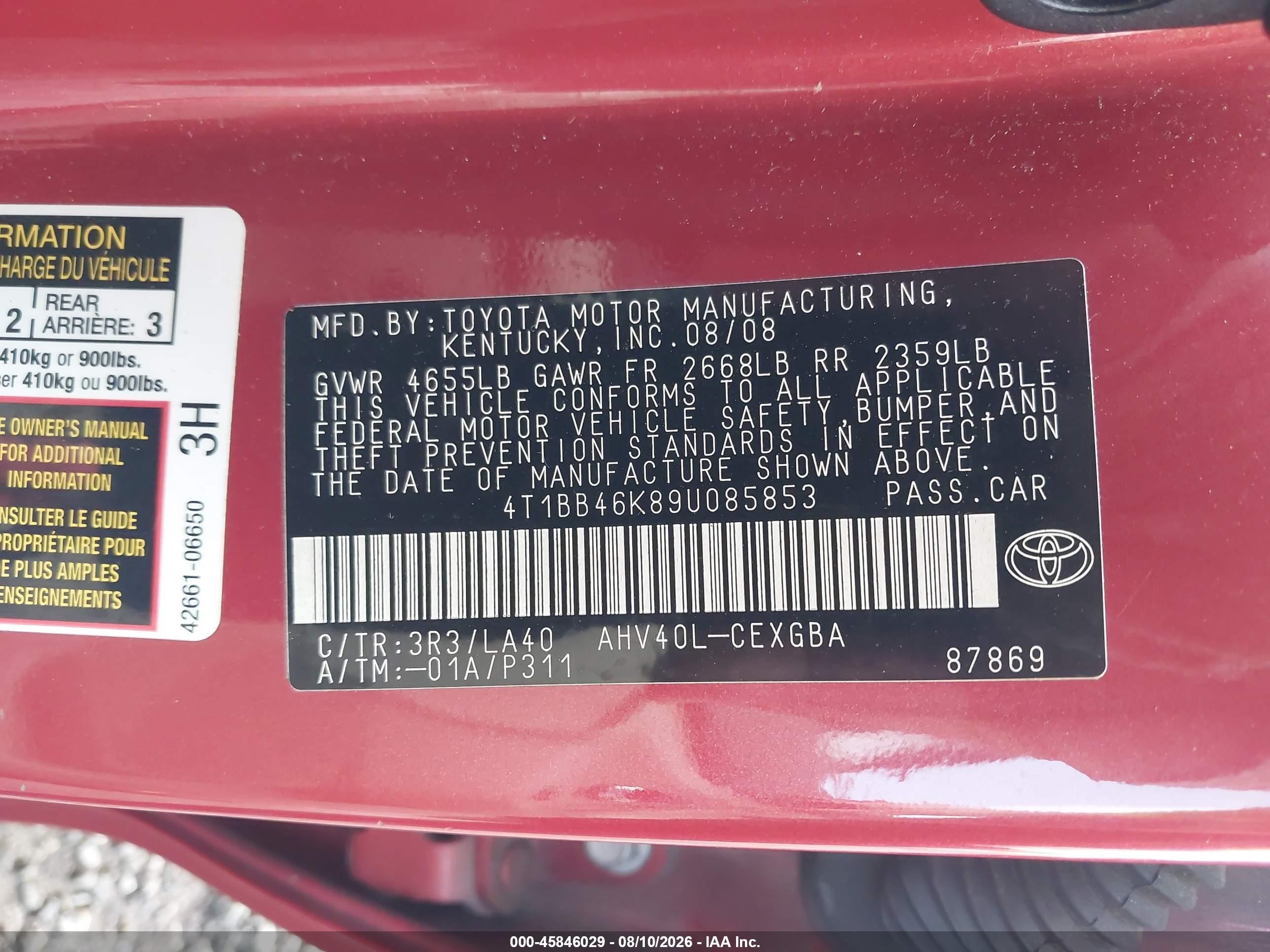 2009 Toyota Camry Hybrid   Red vin: 4T1BB46K89U085853