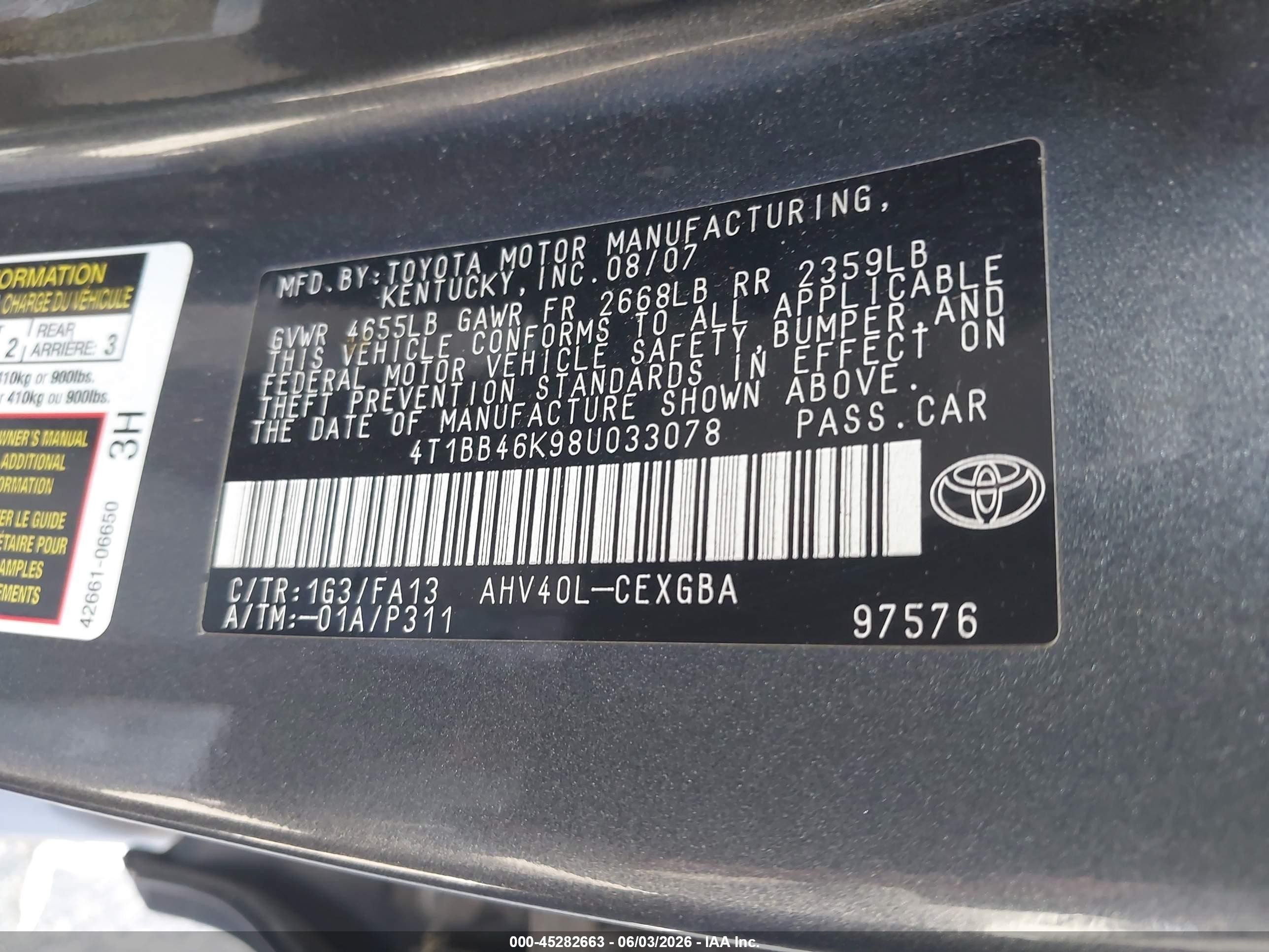 2008 Toyota Camry Hybrid   Серый vin: 4T1BB46K98U033078