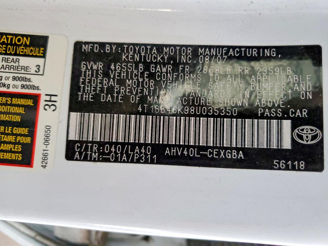 2008 Toyota Camry Hybrid White vin: 4T1BB46K98U035350