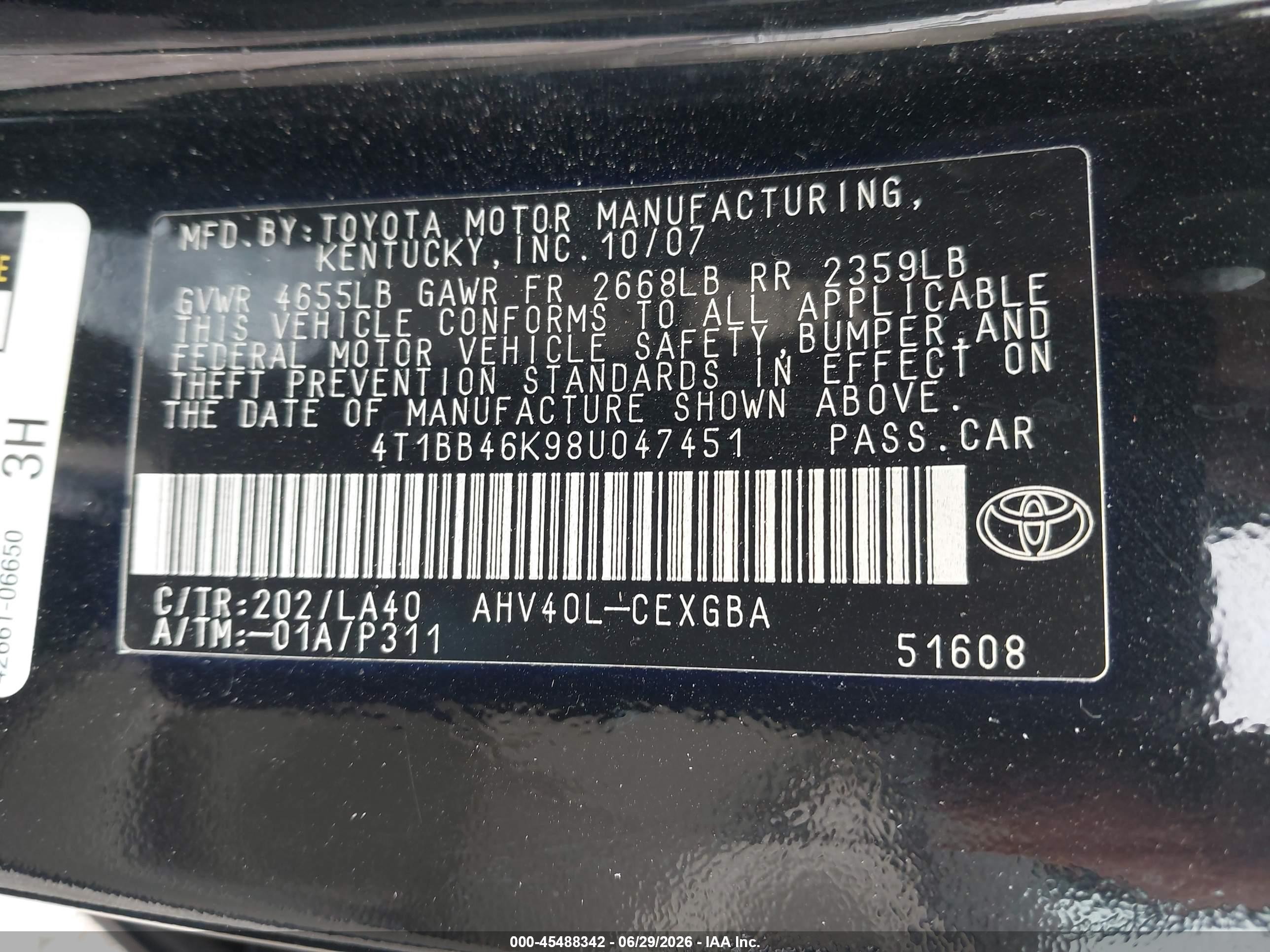 2008 Toyota Camry Hybrid   Black vin: 4T1BB46K98U047451