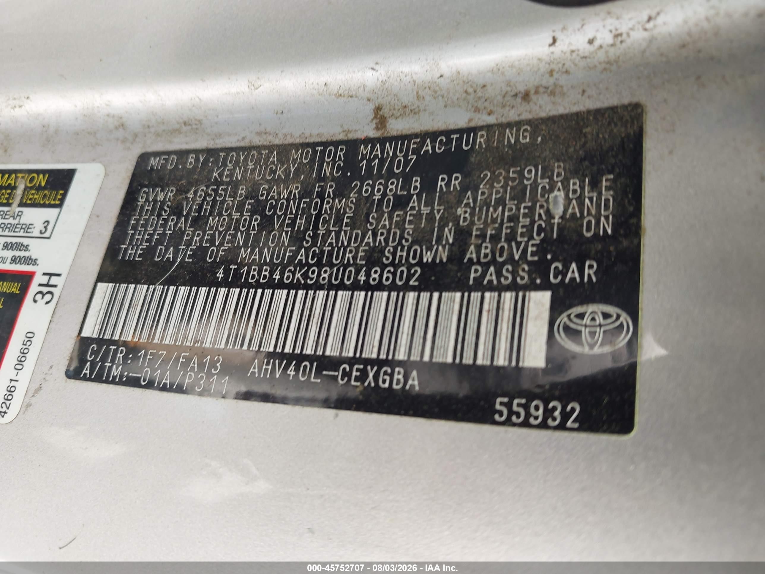 2008 Toyota Camry Hybrid   Серебряный vin: 4T1BB46K98U048602