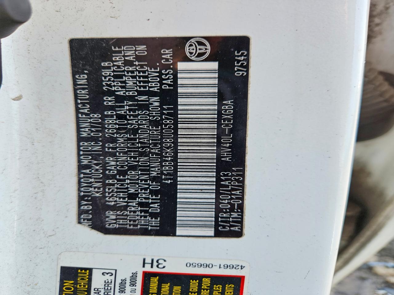 2008 Toyota Camry Hybrid White vin: 4T1BB46K98U058711